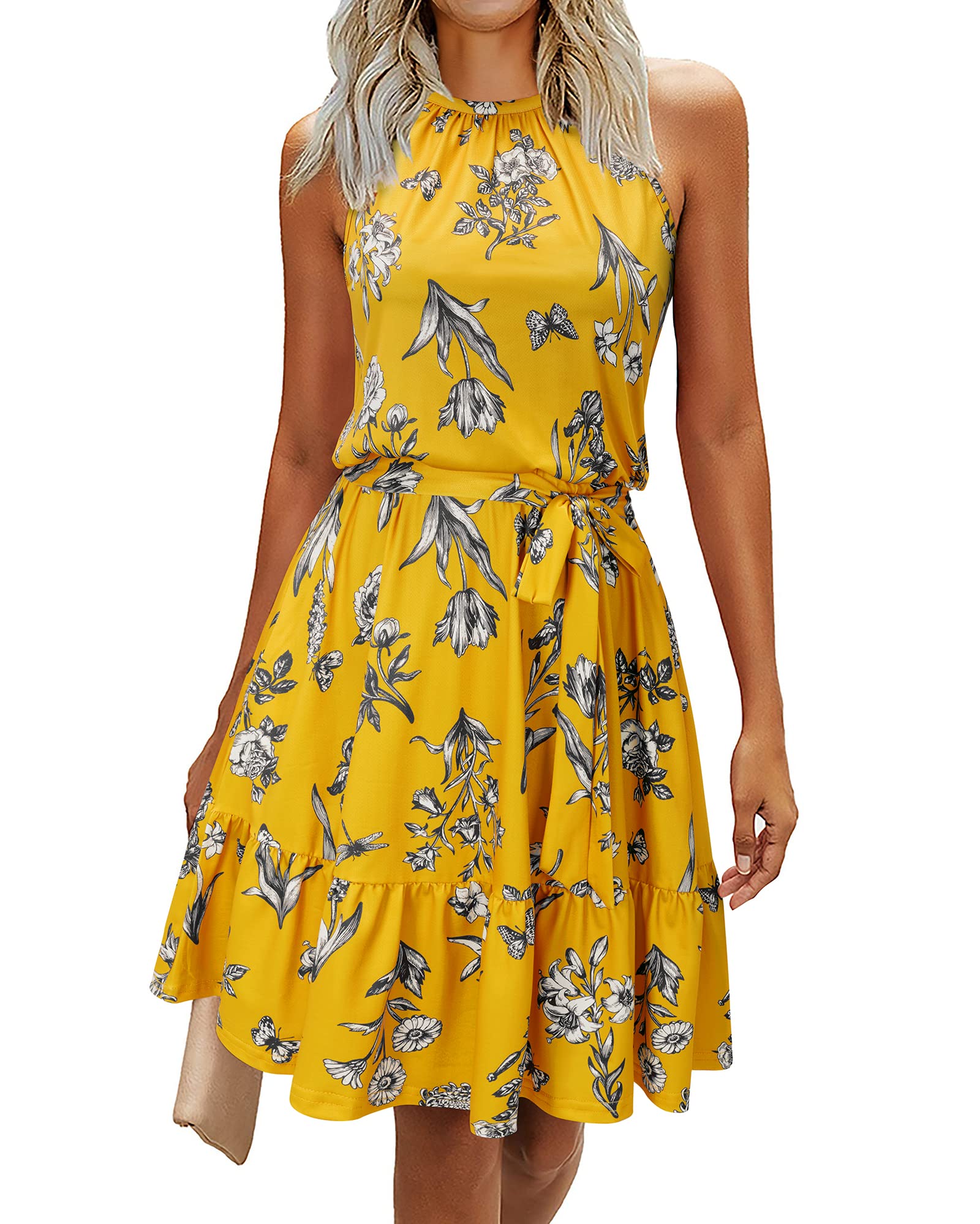 Newshows Women's 2025 Summer Dresses - Halter Neck Casual Sundress with Belt & Pockets for Beach Vacation, Wedding Guest & Outdoor Parties