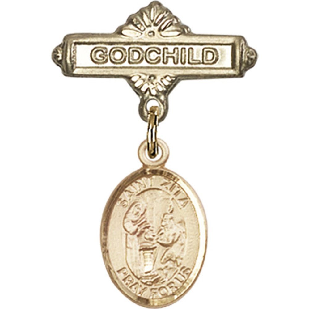 Gold Filled Baby Badge with St. Zita Charm - 1 X 5/8 Inch Godchild Pin - Perfect for Baptism Gifts, Christening Jewelry & Baby Keepsakes