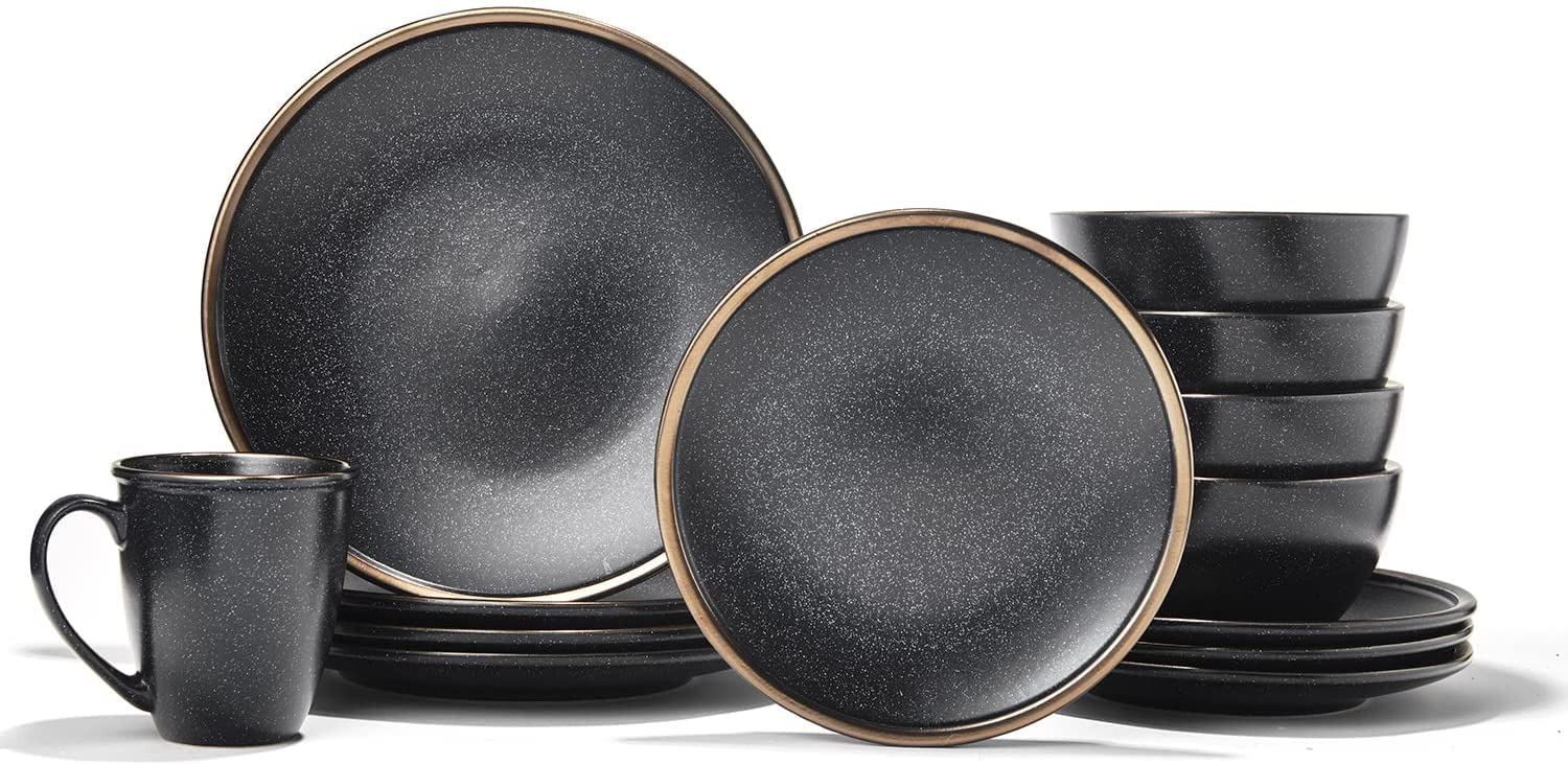American Atelier Varda 16-Piece Round Stoneware Dinnerware Set - 4 Dinner Plates, 4 Salad Plates, 4 Bowls & 4 Mugs in Elegant Black | Perfect for Dinner Parties, Family Gatherings & Everyday Dining