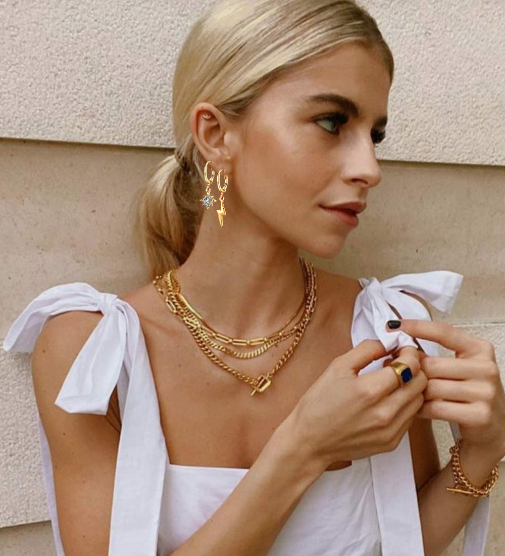NVENF Women's Gold Chain Necklace & Earrings Set - Statement Snake Paperclip Link Choker & Twist Hoop Jewelry Gift for Birthday, Party, Wedding, Anniversary (Best Friend Gift Idea)