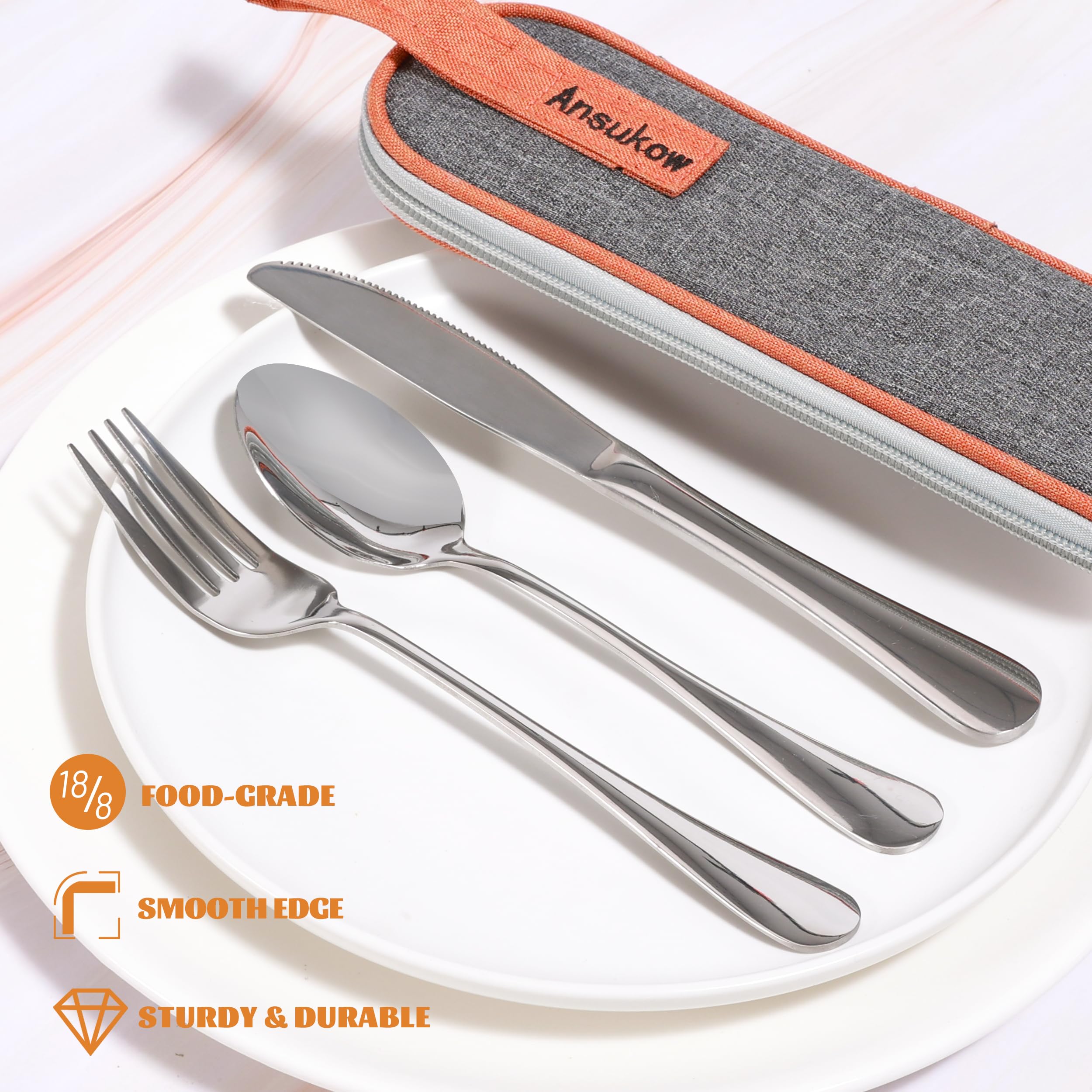 4-Piece Stainless Steel Travel Utensil Set with Case - Reusable Fork, Spoon & Knife for Camping, Office, Picnics - Lightweight Compact Cutlery for Hiking, Backpacking & Outdoor Dining