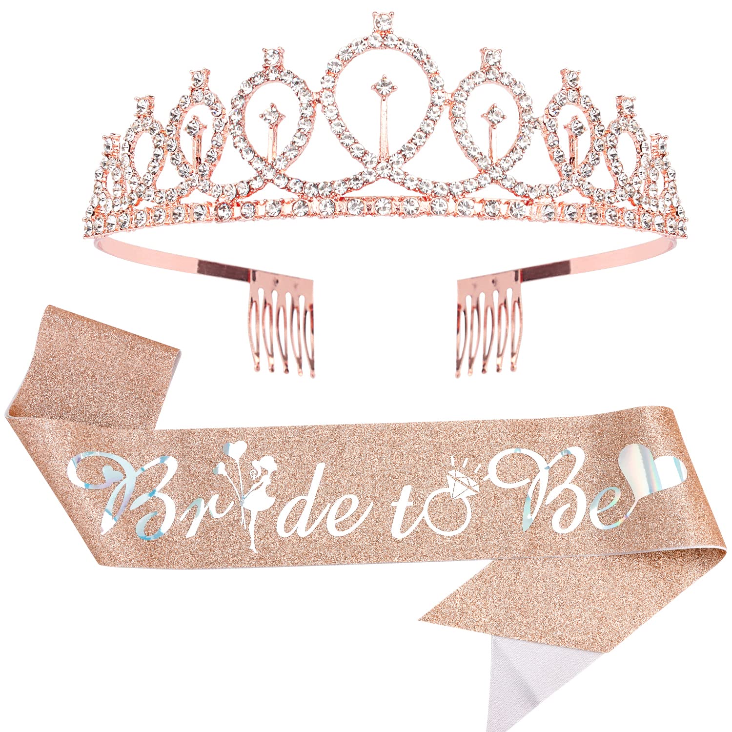CIEHER Rose Gold Bridal Tiara & Sash Set - Elegant Bride To Be Crown & Decorations for Bridal Showers, Bachelorette Parties & Engagement Celebrations - Perfect Gift for Future Brides & Wedding Queen Vibes