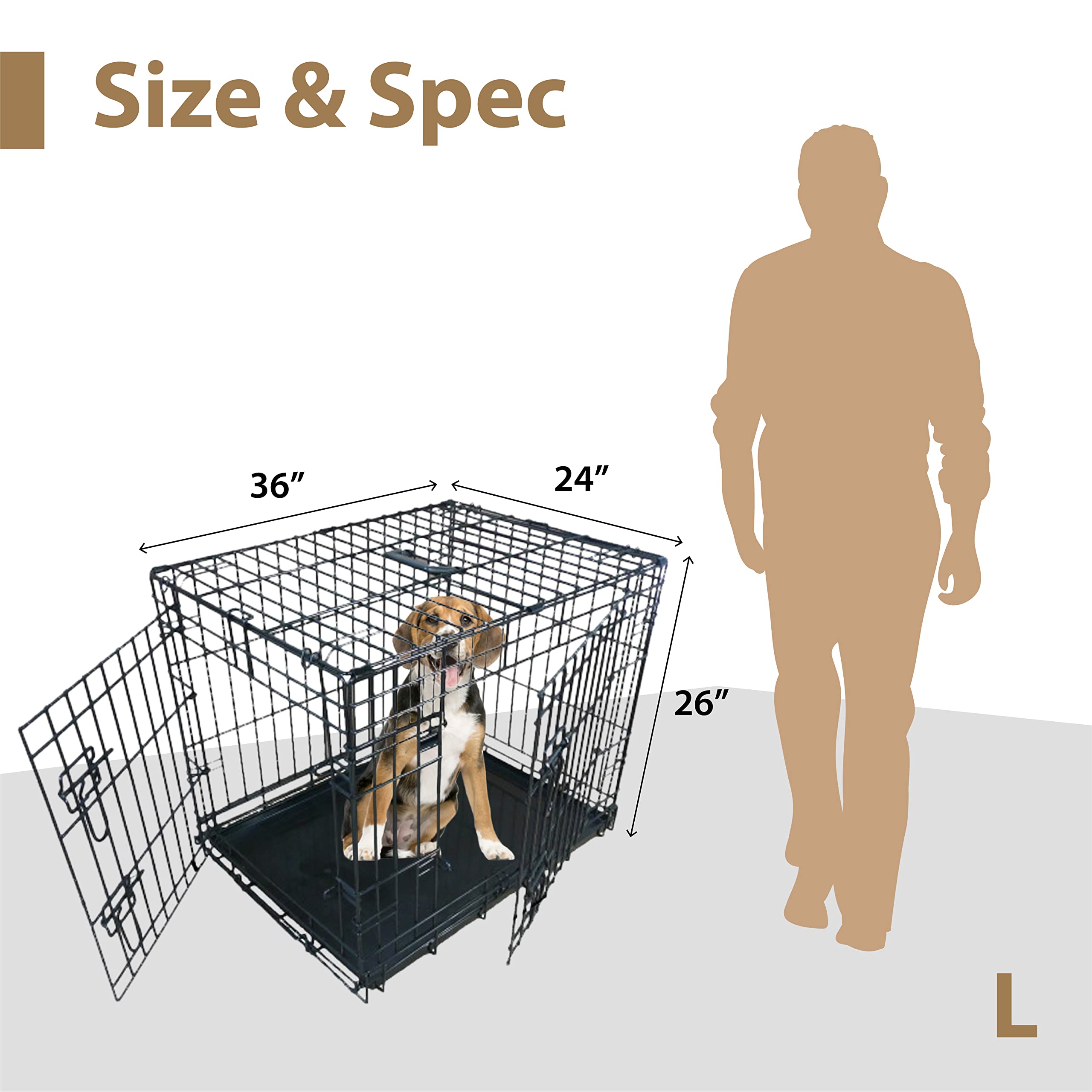 Ellie-Bo 36-Inch Large Black Folding Dog Crate with 2 Doors & Metal Tray - Heavy Duty Pet Cage for Home, Travel & Training - Perfect for Medium to Large Dogs