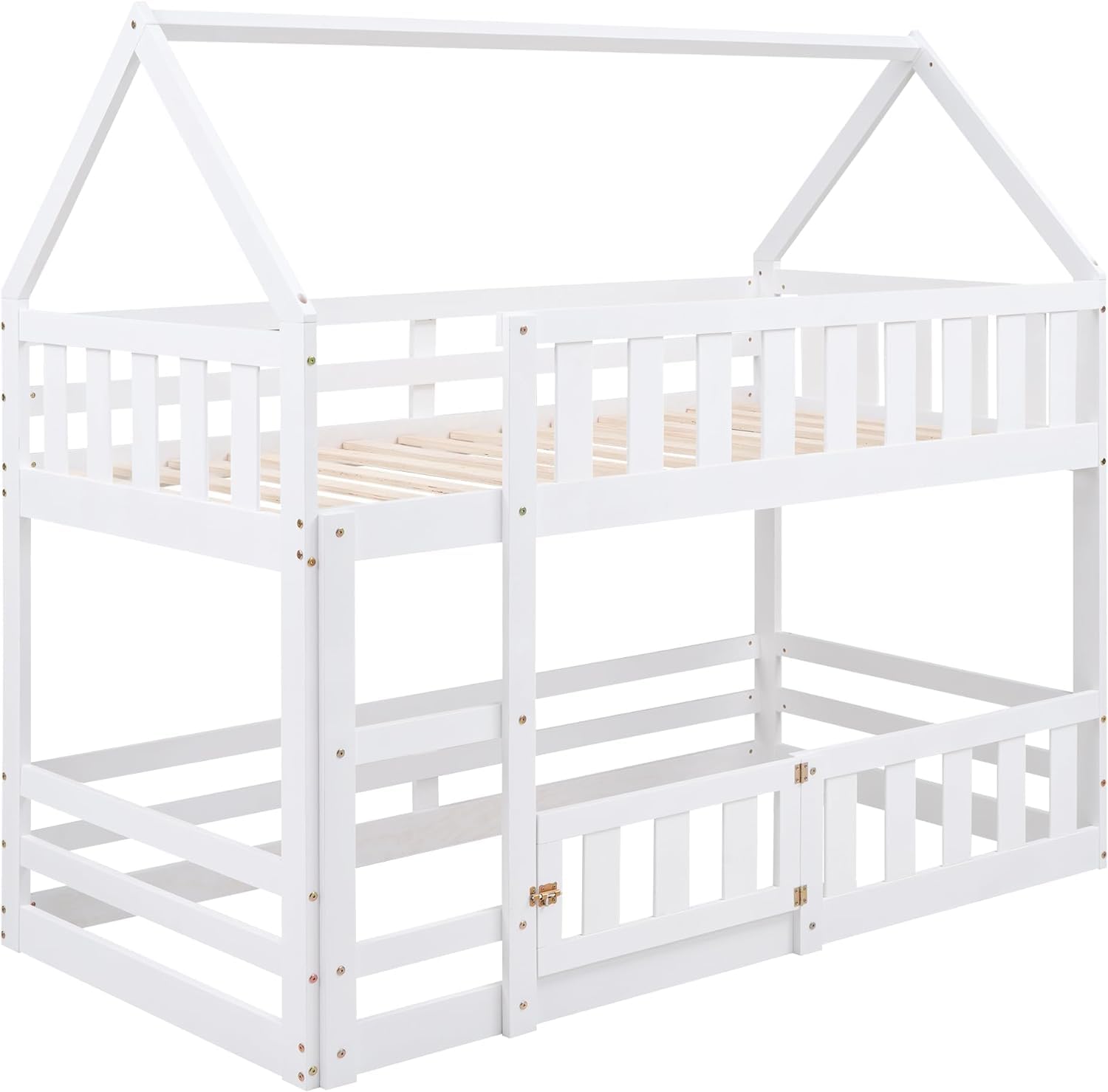 **MERITLINE Wooden Twin Over Twin Bunk Bed with Fence, Door & Roof - Kids Loft Bed for Girls & Boys - Easy Assembly, White - Perfect for Small Bedrooms & Shared Spaces**