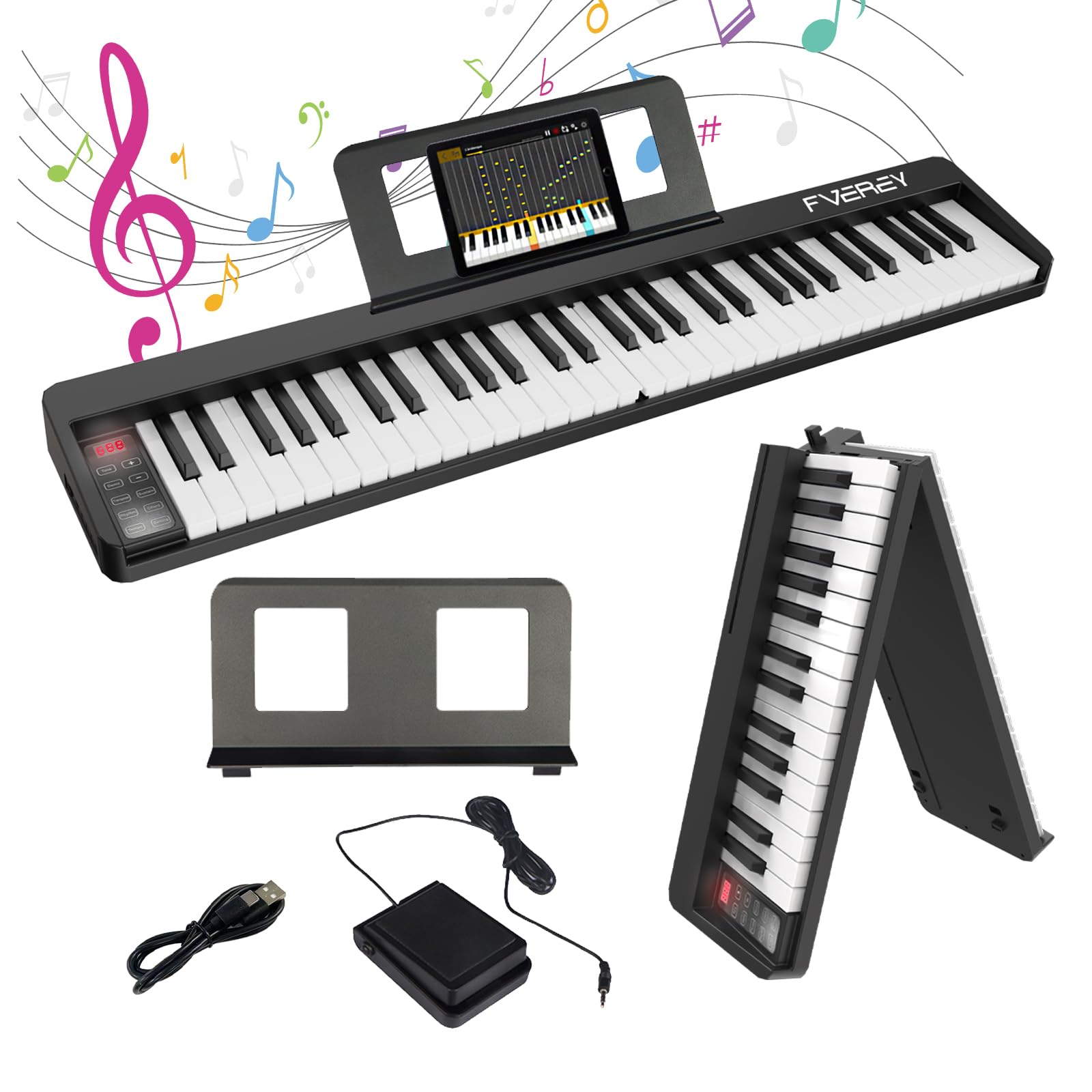 FVEREY 61-Key Foldable Digital Piano Keyboard - Semi-Weighted Portable MIDI Controller with Bluetooth, Sustain Pedal & Music Stand - Perfect for Beginners, Adults, Travel & Home Practice