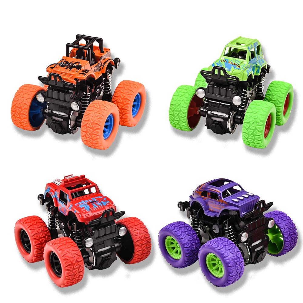 4 Pack Pull Back Monster Trucks for Kids - 360° Rotating Wheels, Durable Friction Powered Push & Go Toy Vehicles - Gift for Boys & Girls Ages 3-8 - Perfect for Indoor Play, Birthday Parties & STEM Learning