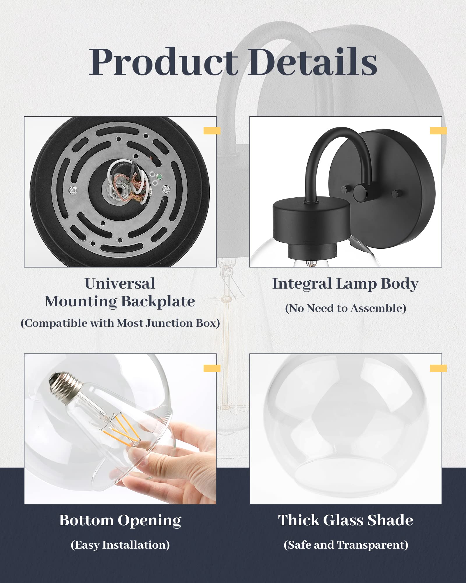 EAPUDUN 1-Light Matte Black Bathroom Vanity Light Fixture with Clear Glass Shade - Industrial Style Wall Sconce for Mirror Lighting (WLA1433-MBK) - Perfect for Modern Bathrooms, Powder Rooms & Dressing Areas