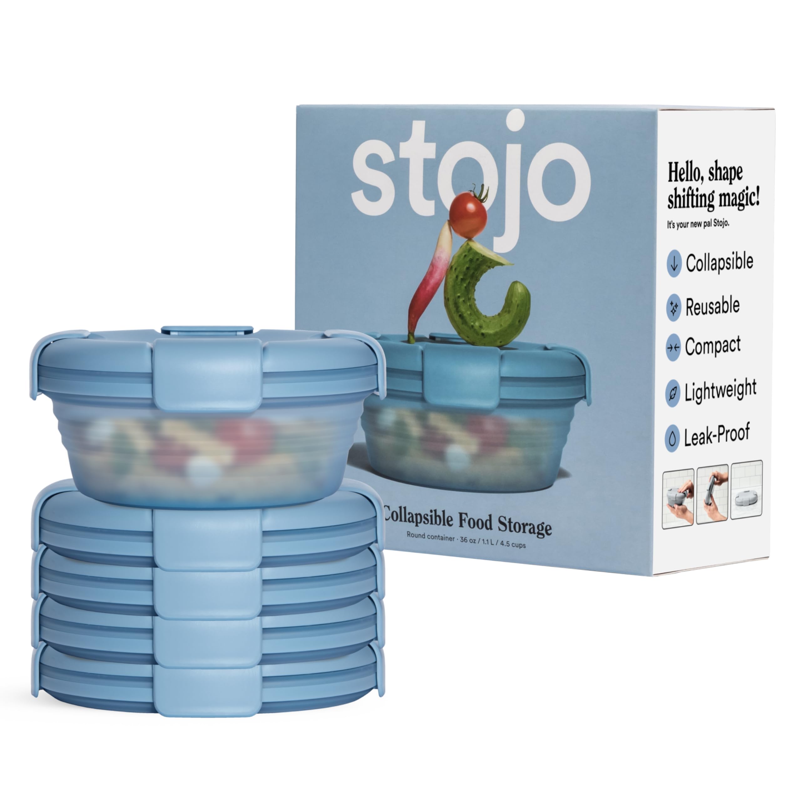 STOJO 36oz Collapsible Silicone Bowl Set (5-Pack) - Reusable Microwave & Dishwasher Safe Food Container for Hot/Cold Meals - Translucent Steel Design - Ideal for Travel, Camping, Hiking, Office Lunch & Meal Prep