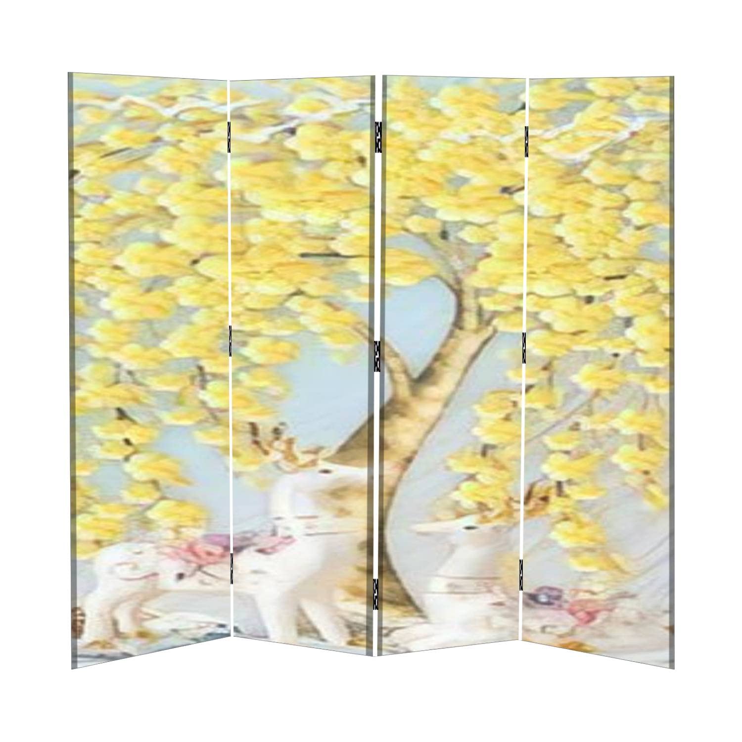 Nordic Style 4-Panel Canvas Room Divider with Elk & Golden Money Tree Design - Folding Privacy Screen for Home, Office, and Event Spaces | Temporary Wall Partition for Living Room, Bedroom, or Studio