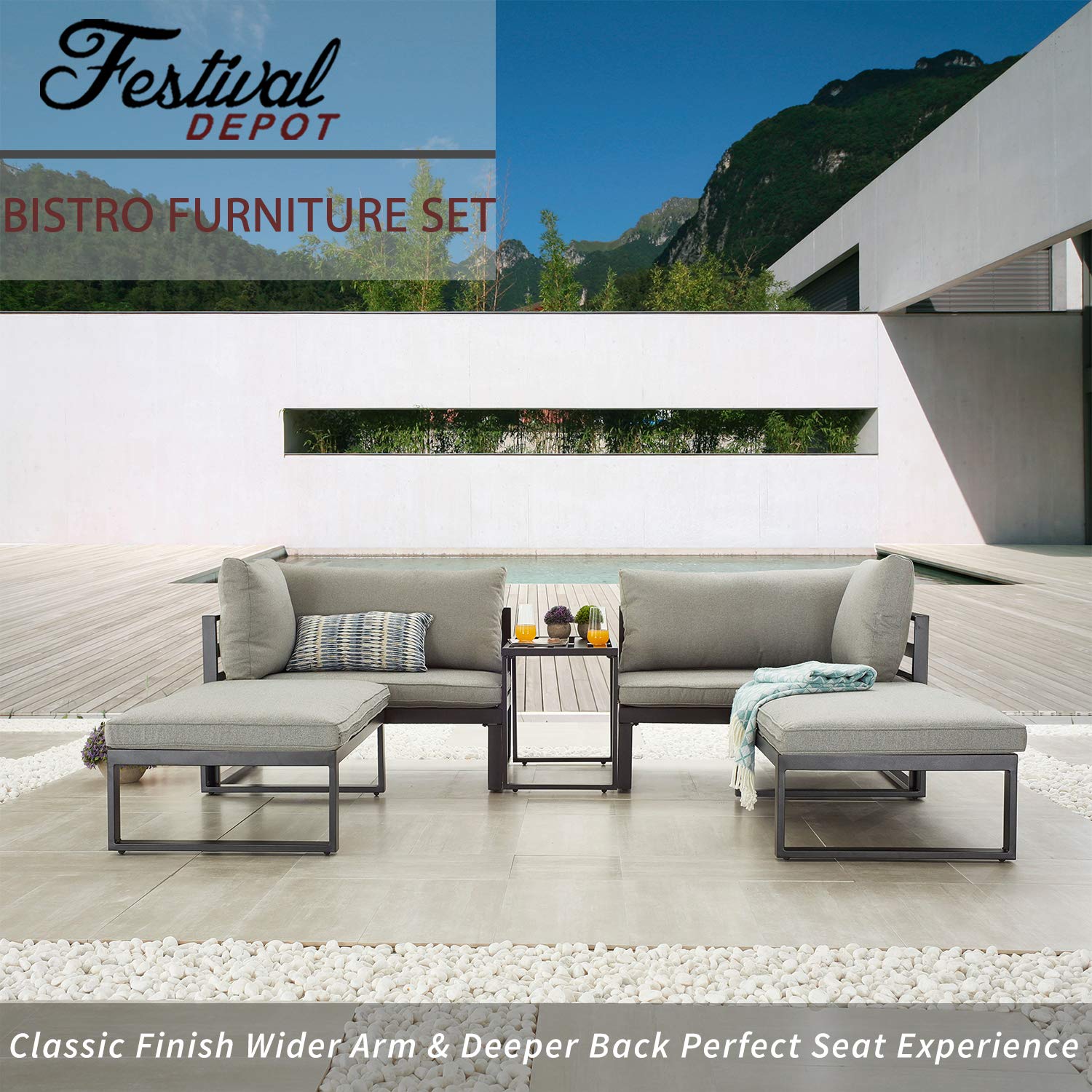 5-Piece Outdoor Patio Sectional Furniture Set with Cushions - Metal Corner Sofa, Coffee Table & Ottomans for Backyard, Garden or Poolside (Grey)