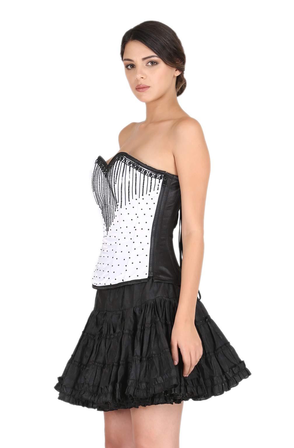Gothic White Satin Black Sequins Corset Top for Waist Training, Burlesque, and Work | Overbust Shapewear for Women | Perfect for Cosplay, Halloween, and Evening Parties