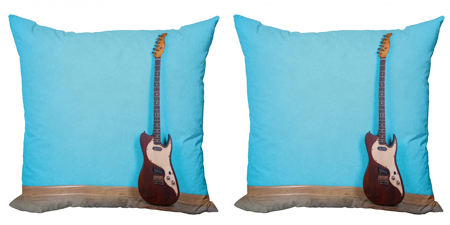 Ambesonne Guitar Throw Pillow Cover Set of 2 - Rock Band Retro Electric Guitar Design with Strings, Zippered Double-Sided Digital Print Decorative Cushion Covers 16x16 Inch, Aqua Umber - Perfect for Living Room, Bedroom, Music Studio Decor