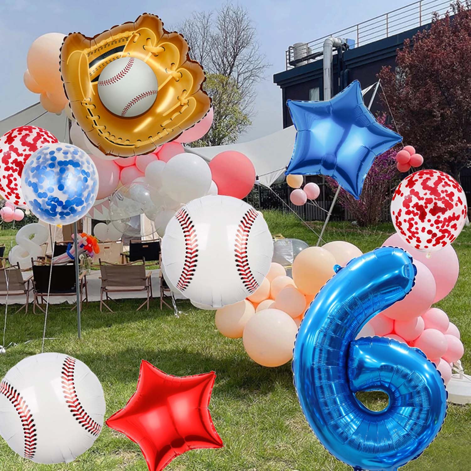 Baseball Balloon Set - 9Pcs Baseball Glove & Number 6 Balloons with Red Blue Stars & Confetti for Boys Birthday Party Decorations | Perfect for Baseball Themed Birthday Parties, Baby Showers, and Sports Decor