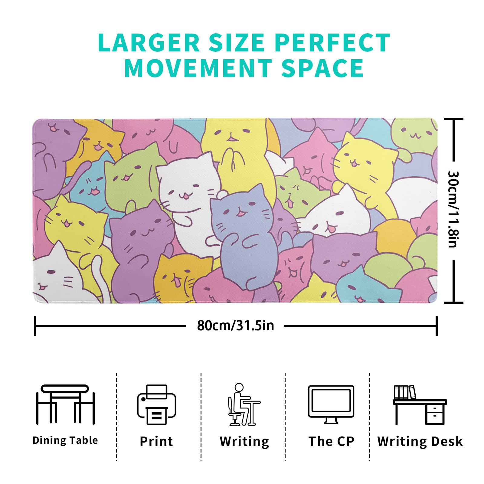 Cute Kawaii Cat Gaming Mouse Pad - Extra Large Non-Slip Rubber Base Desk Mat for Computer Keyboard & Mouse (31.5
