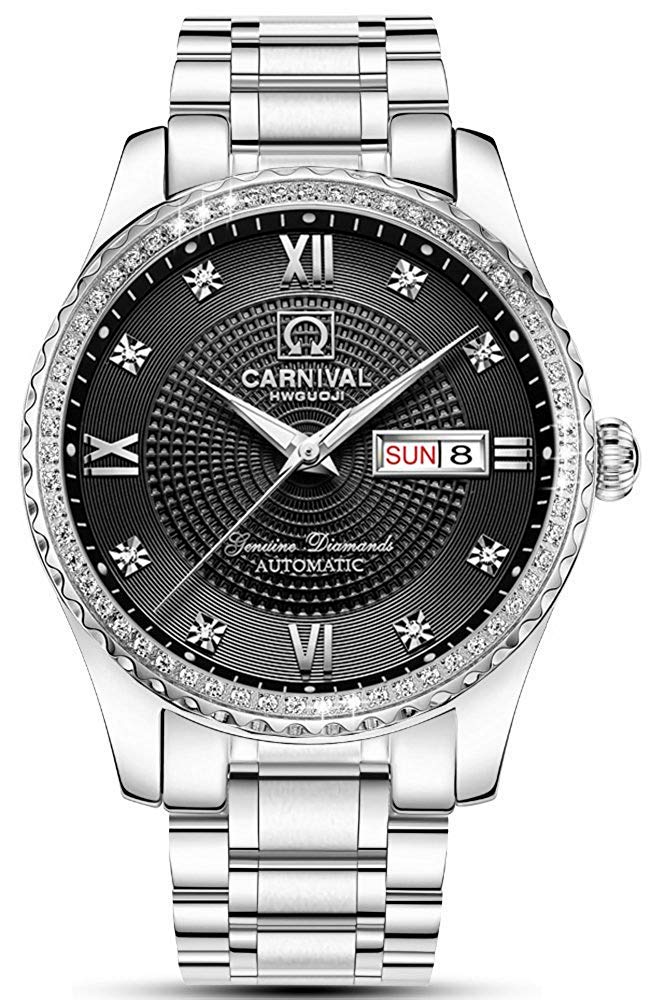 MASTOP Men's Automatic Self-Winding Business Watch - Stainless Steel Waterproof Luminous Bezel with Crystal Inlays - Perfect for Office, Formal Events & Everyday Wear