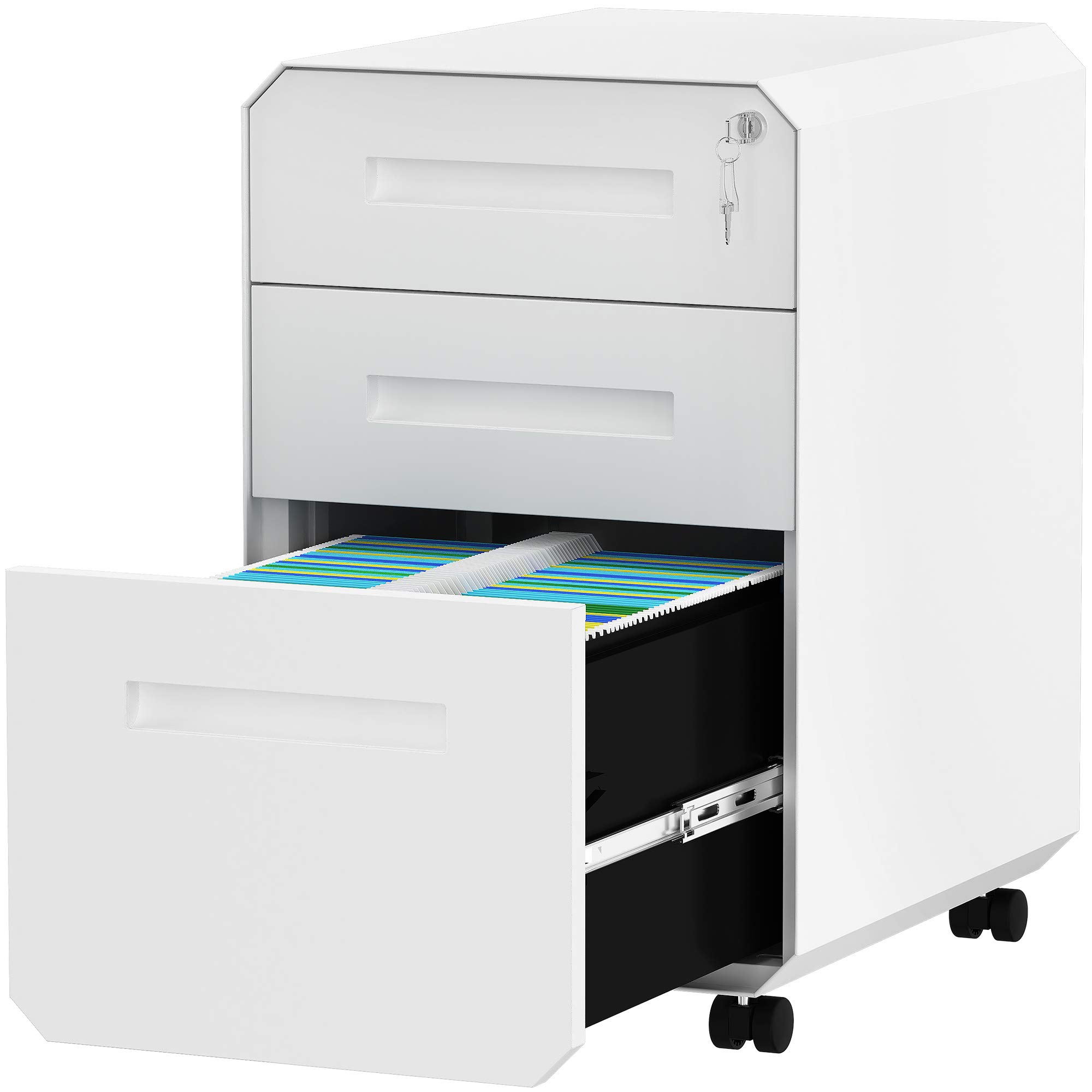 YITAHOME 3-Drawer Locking File Cabinet with Divider & Pencil Tray - Portable Metal Office Storage Cabinet for Documents, Files & Supplies - Perfect for Home Office, Workplace & School Organization (White)