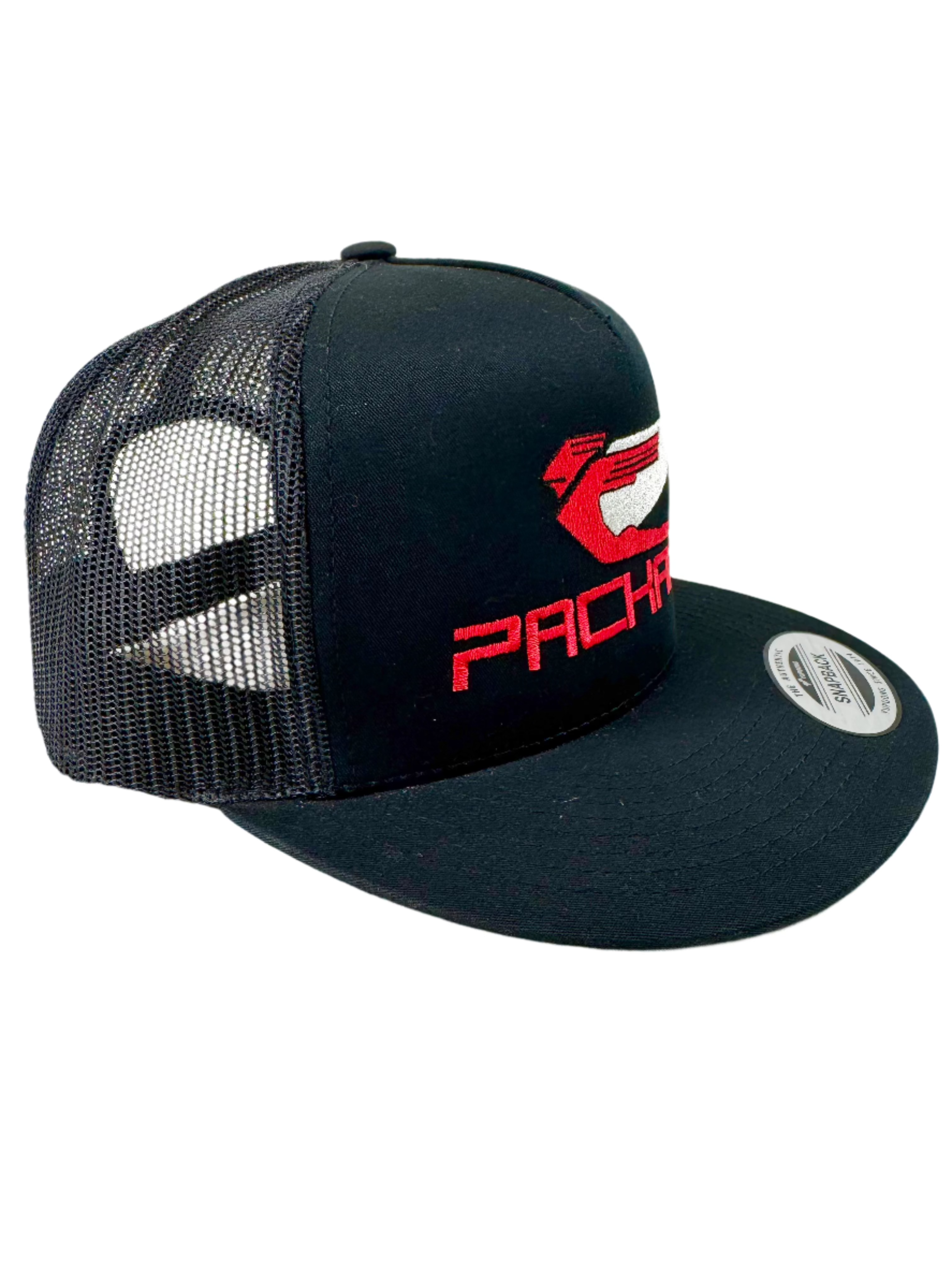Embroidered Trucker Hat with Flat Brim - Red Logo Design for Men & Women | Perfect for Outdoor Activities, Sports, and Casual Wear