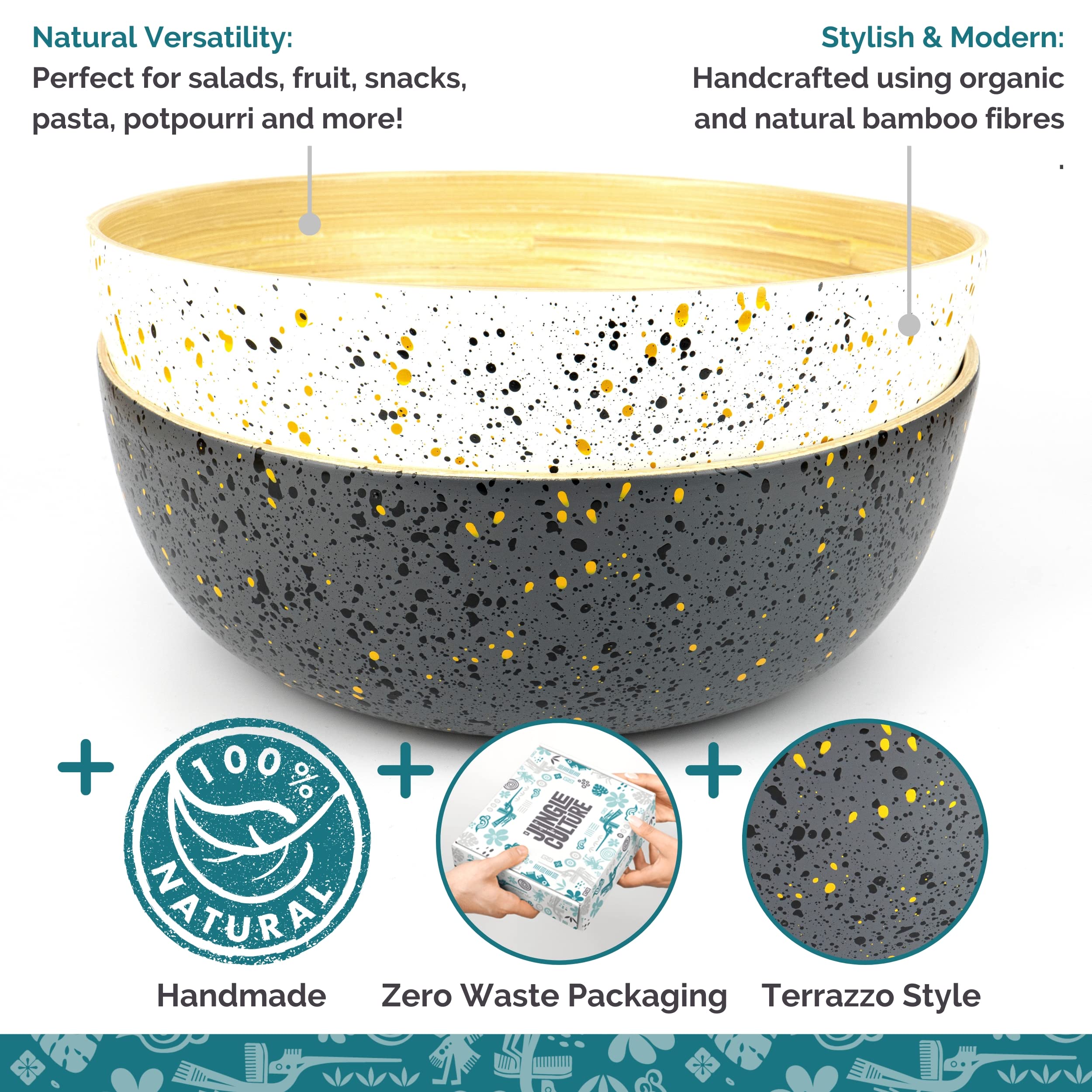 Jungle Culture® Medium Bamboo Salad Bowl - Handmade Wooden Serving Bowl for Pasta, Snacks & Chips - Eco-Friendly Black Fruit Bowl with Terrazzo Design - Multipurpose Wood Bread Basket - Perfect for Kitchen, Dining Table, Picnics & Party Serving