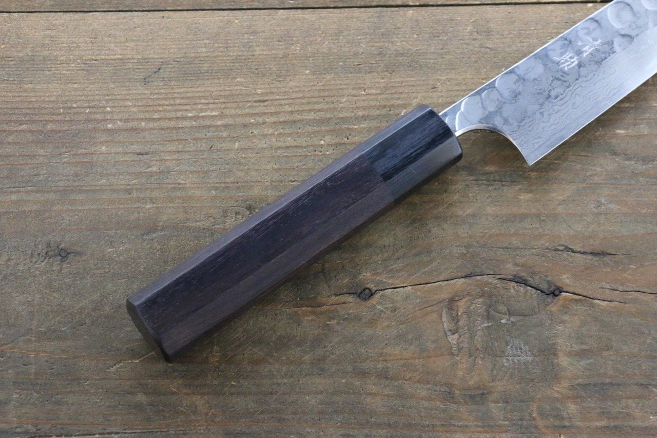Premium Seisuke Blue Steel No.2 Hammered Damascus Petty Utility Knife 150mm with Shitan Handle - Perfect for Slicing, Peeling & Precision Kitchen Tasks