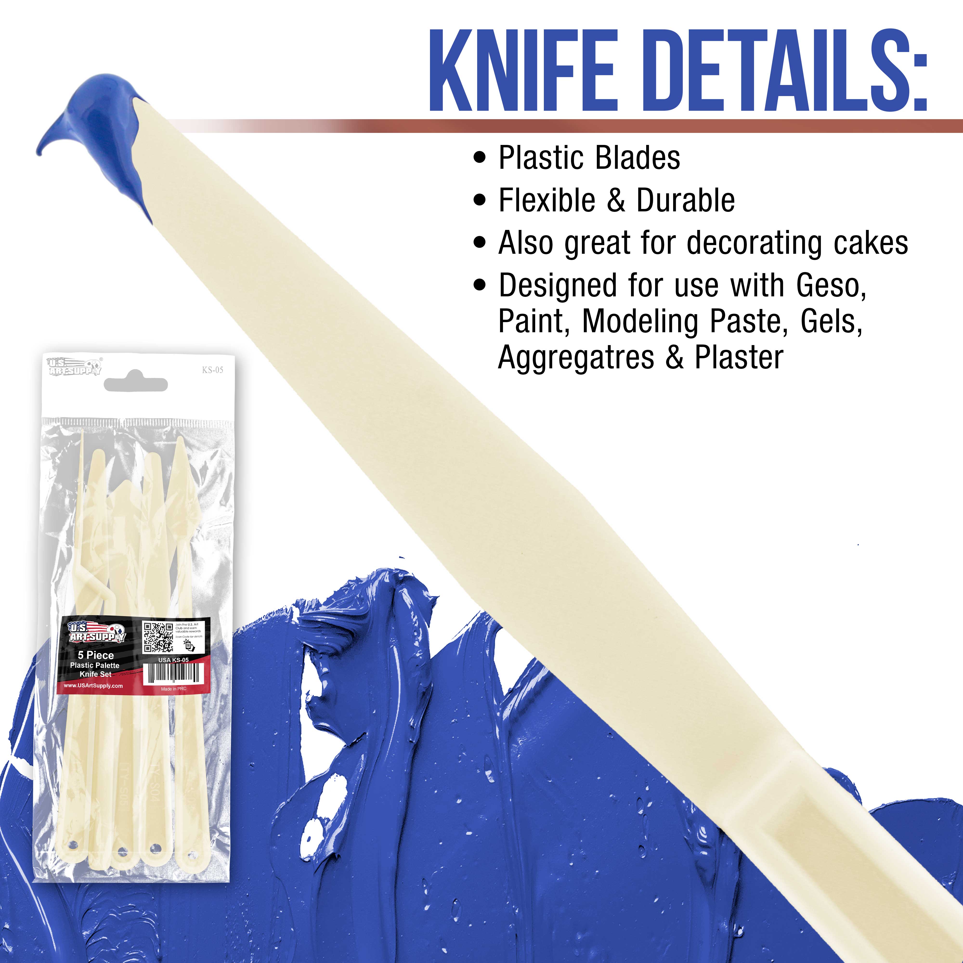 U.S. Art Supply 5-Piece Plastic Artist Spatula Palette Knife Set for Oil & Acrylic Painting - Mix, Spread & Apply Paint on Canvases, Perfect for Cake Decorating & Icing - Ideal for Artists, Hobbyists & Bakers