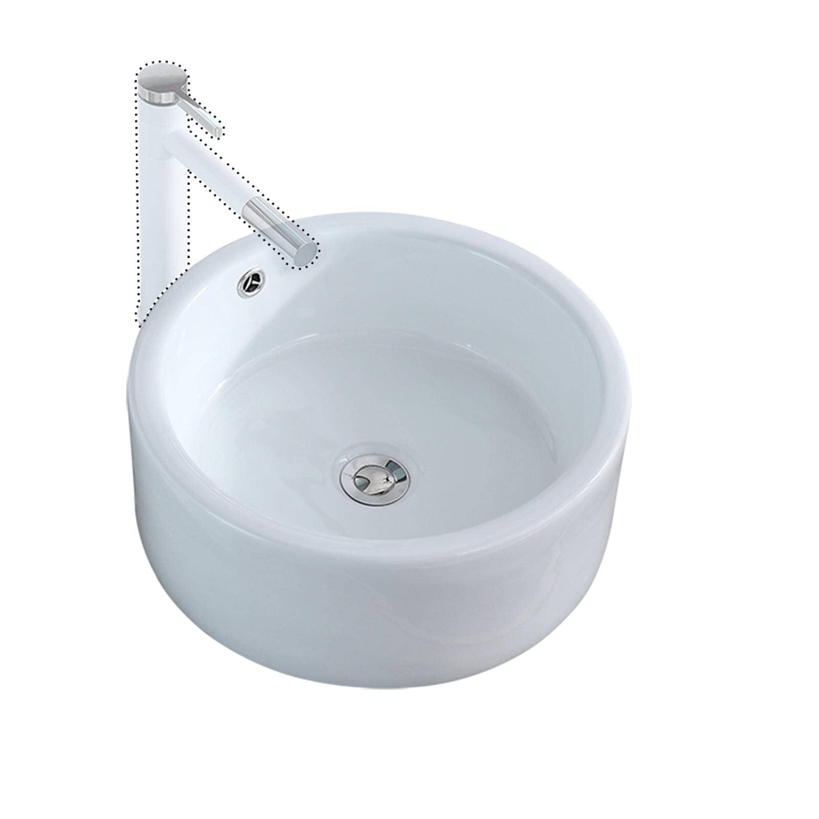 White Porcelain Above Counter Round Ceramic Vessel Sink with Pop-Up Drain - Modern Bathroom Vanity Art Basin for Powder Rooms, Master Baths & Spa Retreats