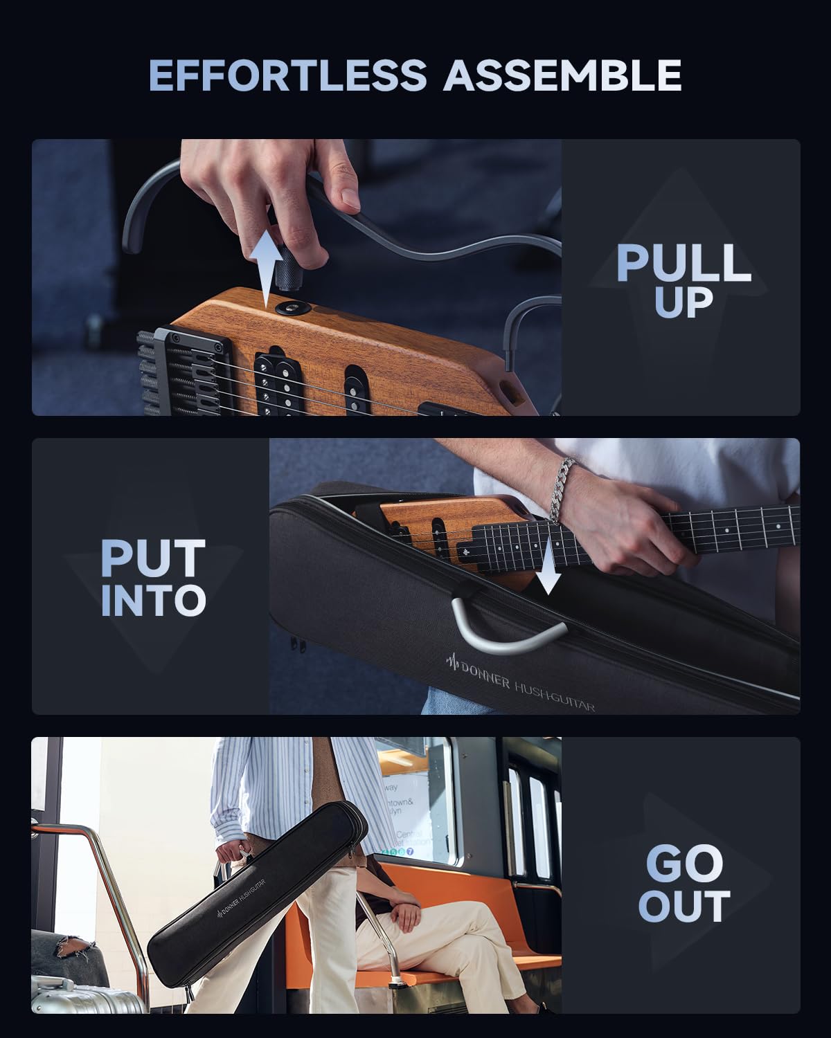 Donner HUSH X Electric Guitar Kit - Lightweight Headless Guitar for Travel & Practice, Mahogany Solid Body with Stand, Gig Bag & Accessories | Perfect for Beginners, Home Studio & Live Performances