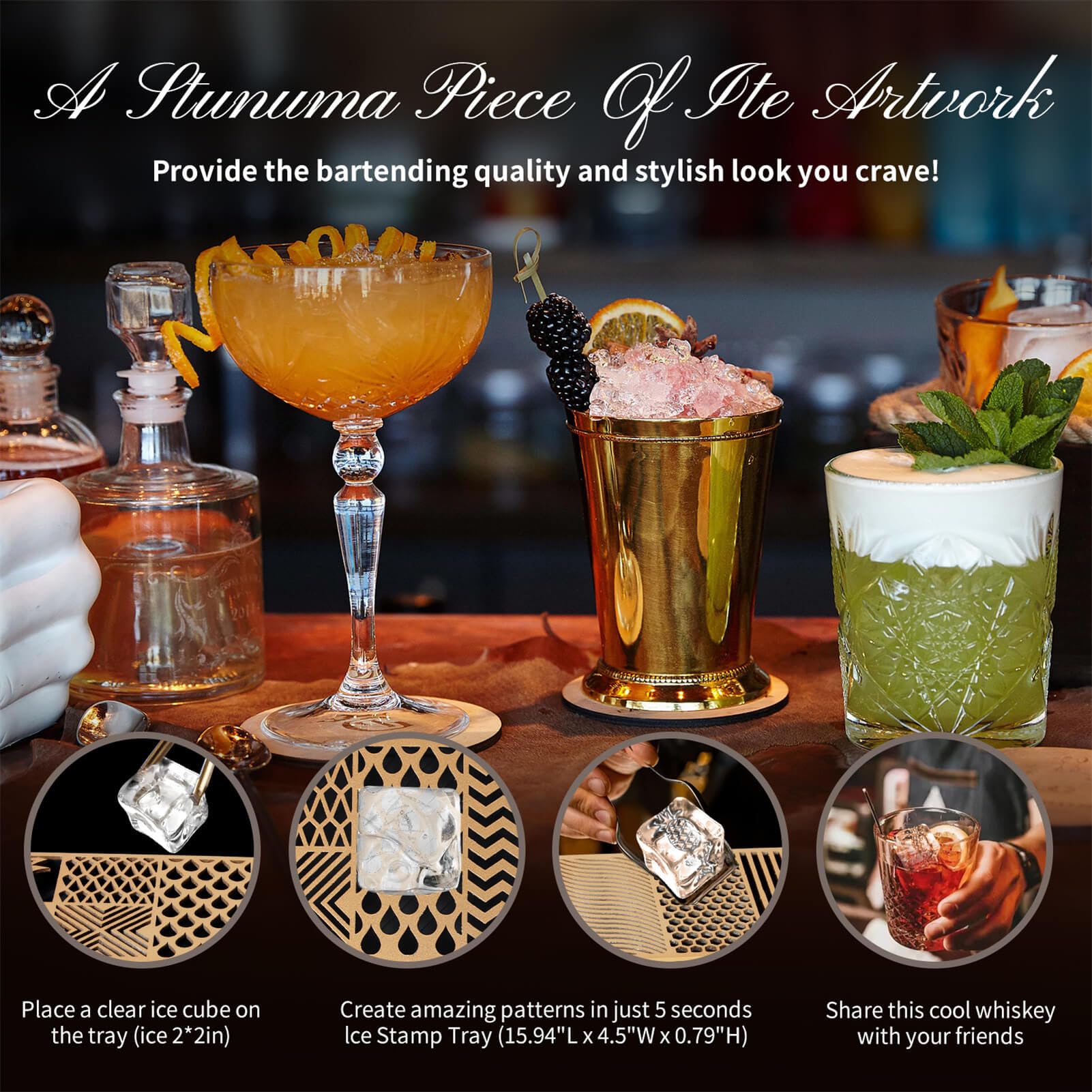 Clear Ice Stamp Tray - Custom Ice Cube Stamp for Cocktails & Whiskey | 5-Second Craft Ice Molds | Bartender Accessories for Bourbon & Clear Ice Cocktails | Perfect for Home Bars, Parties & Mixology Enthusiasts