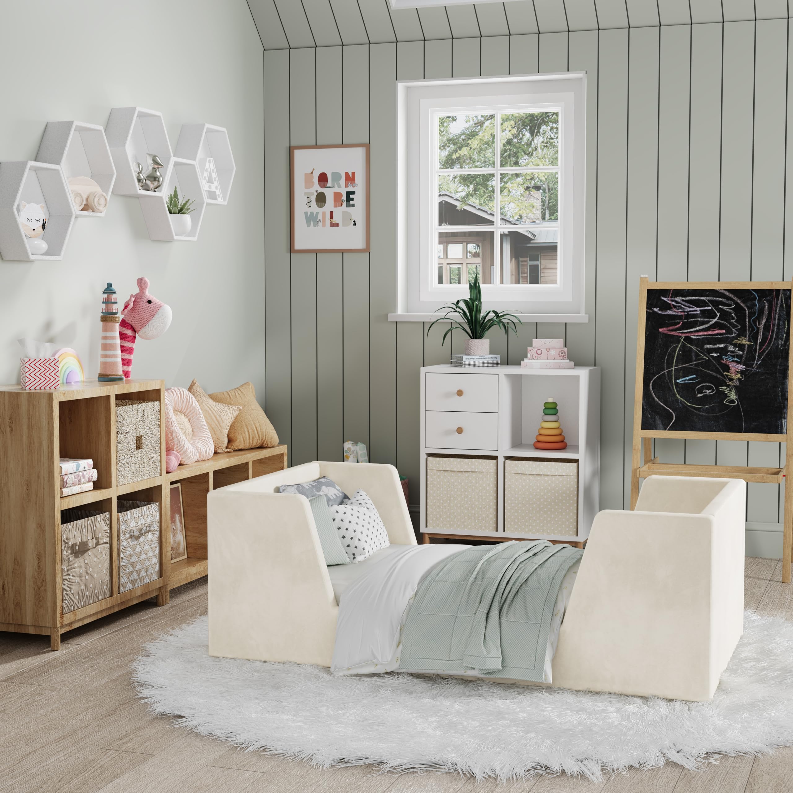 **Toddler Floor Bed with Guard Rails - Safe Kids Bed for Ages 2-6 Years - Standard Crib Mattress Compatible - Certified Fabric Toddler Bed for Boys & Girls - Perfect for Montessori Bedrooms & Small Spaces**