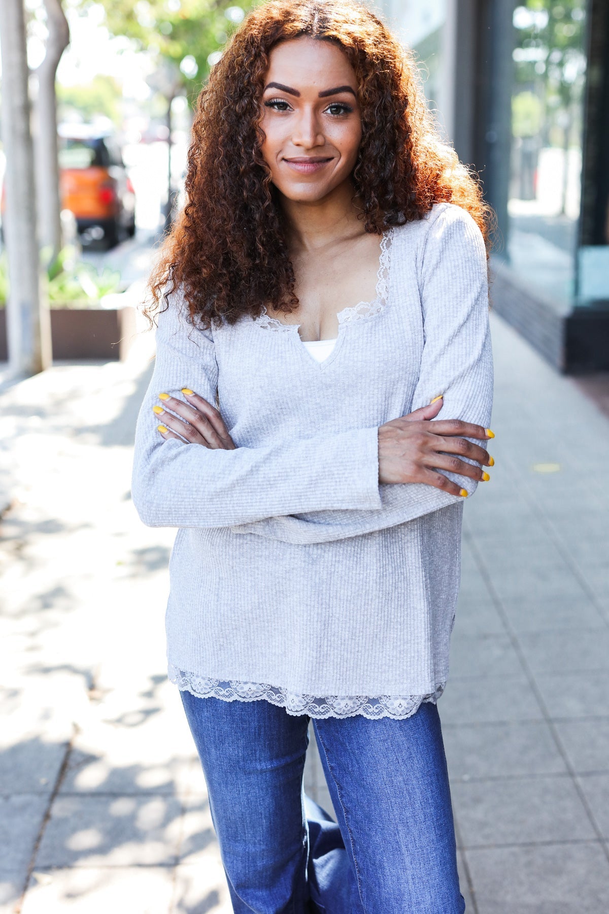 Feels Like Love Grey Lace Trim Ribbed Long Sleeve Top for Women | Elegant Casual Blouse for Date Night & Office Wear