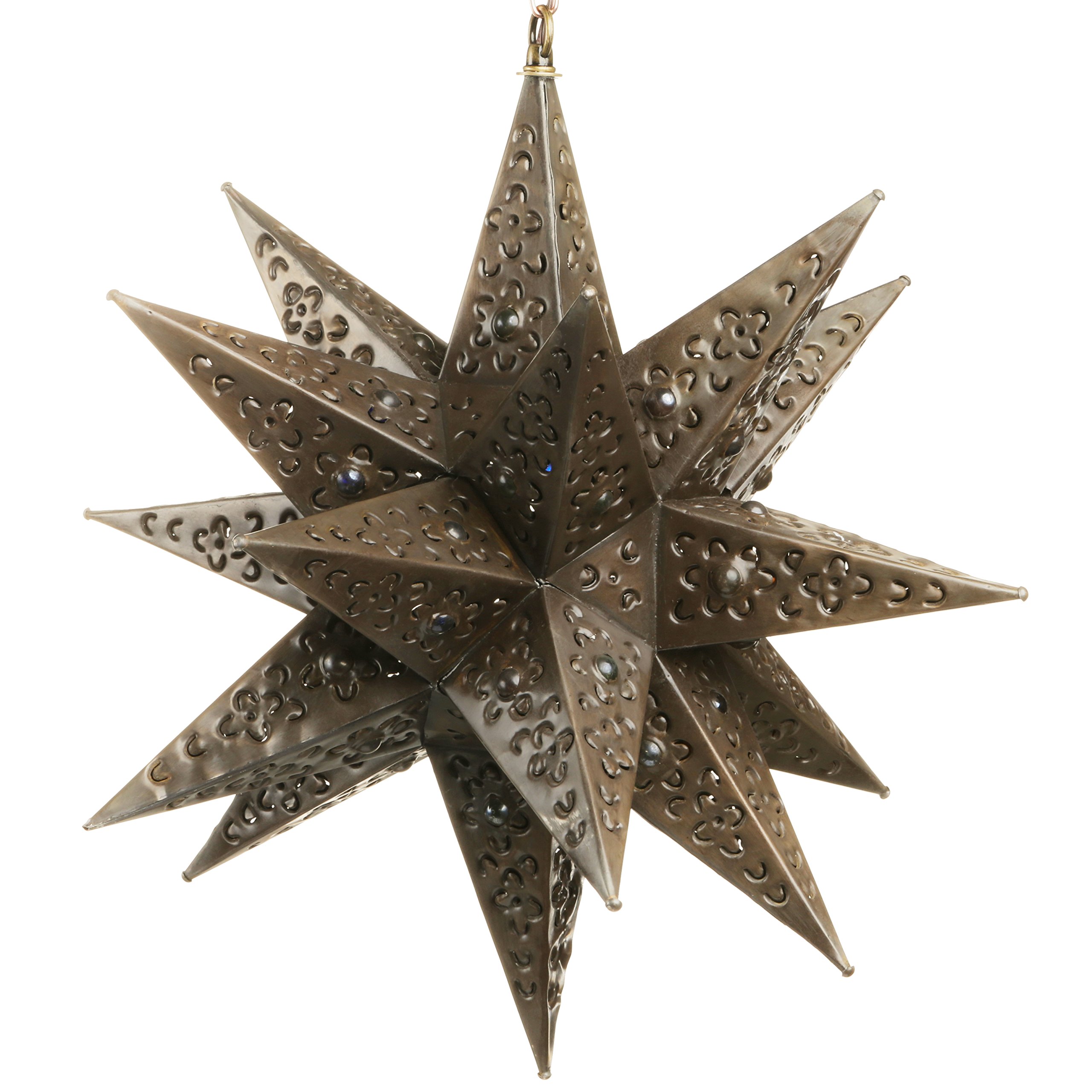 18 Inch Moravian Hanging Tin Star Light with Flower Cut Design and Marble Accents - Perfect for Christmas Decor, Outdoor Patio Lighting, and Boho Home Decor