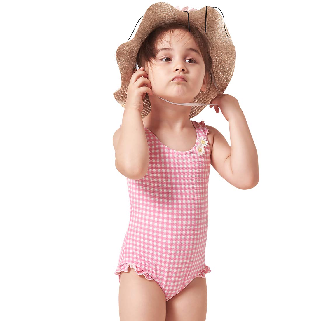 Julysand Toddler Girls One Piece Swimsuit with Skirt - Pink & White Striped 3D Flower Ruffled Swim Dress for Beach, Pool & Summer Vacation