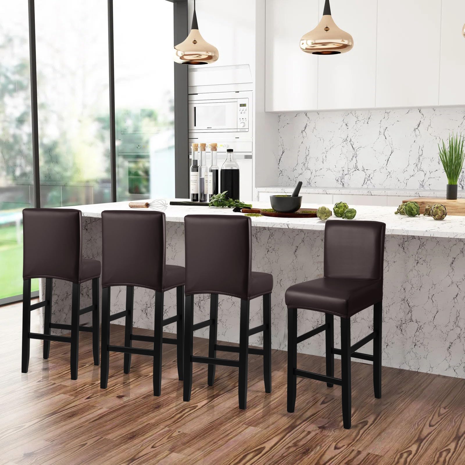 Stretch Waterproof PU Bar Stool Covers - Washable & Removable Slipcovers with Elastic Bands (4 Pack, Coffee Brown) - Perfect for Kitchen Counter, Dining Room & Pub Stools
