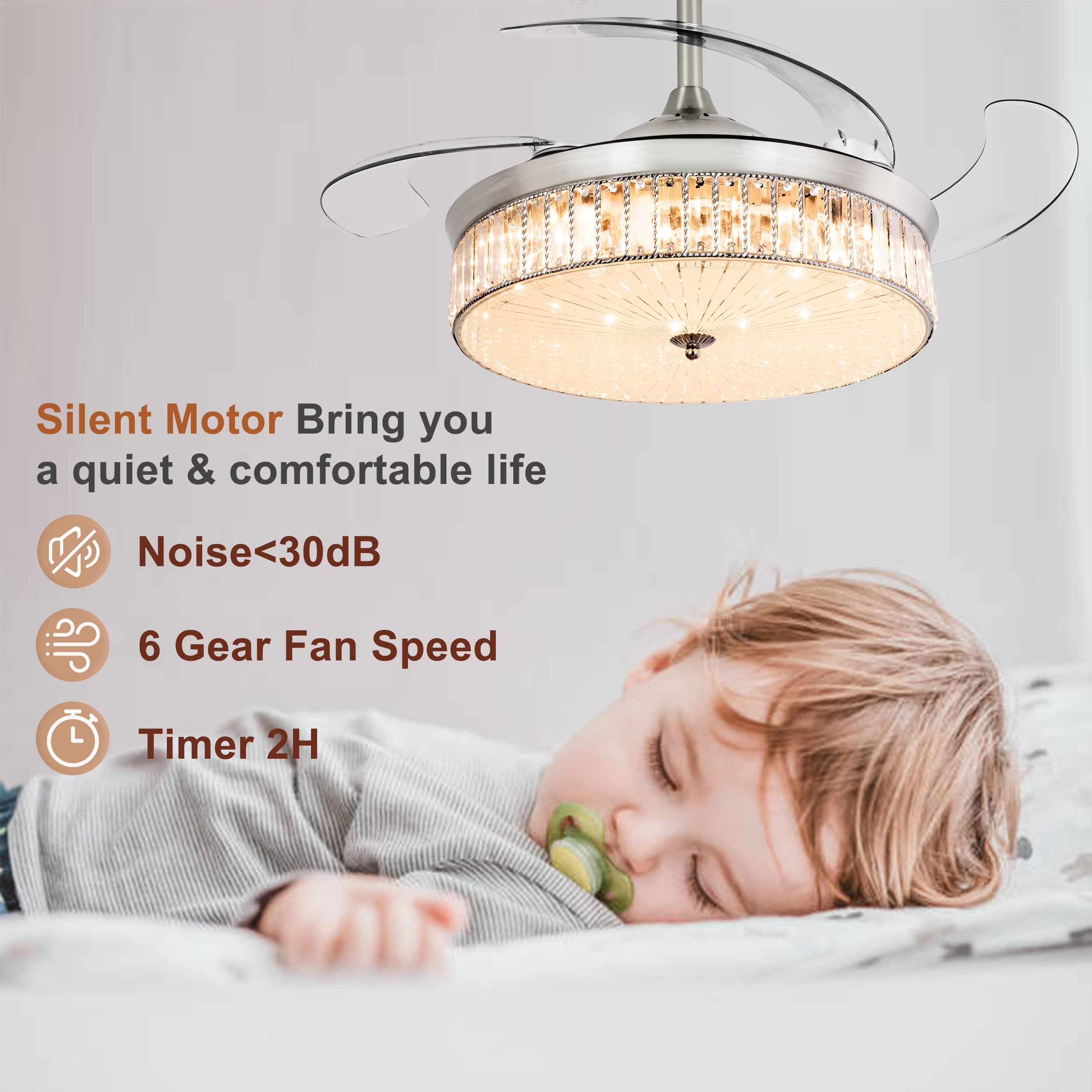 Ohniyou 42 Inch Retractable Ceiling Fan with Lights and Remote Control - Crystal Chandelier Ceiling Fan Indoor, Chrome Silver Finish - Perfect for Bedroom, Living Room, Dining Room and Home Office