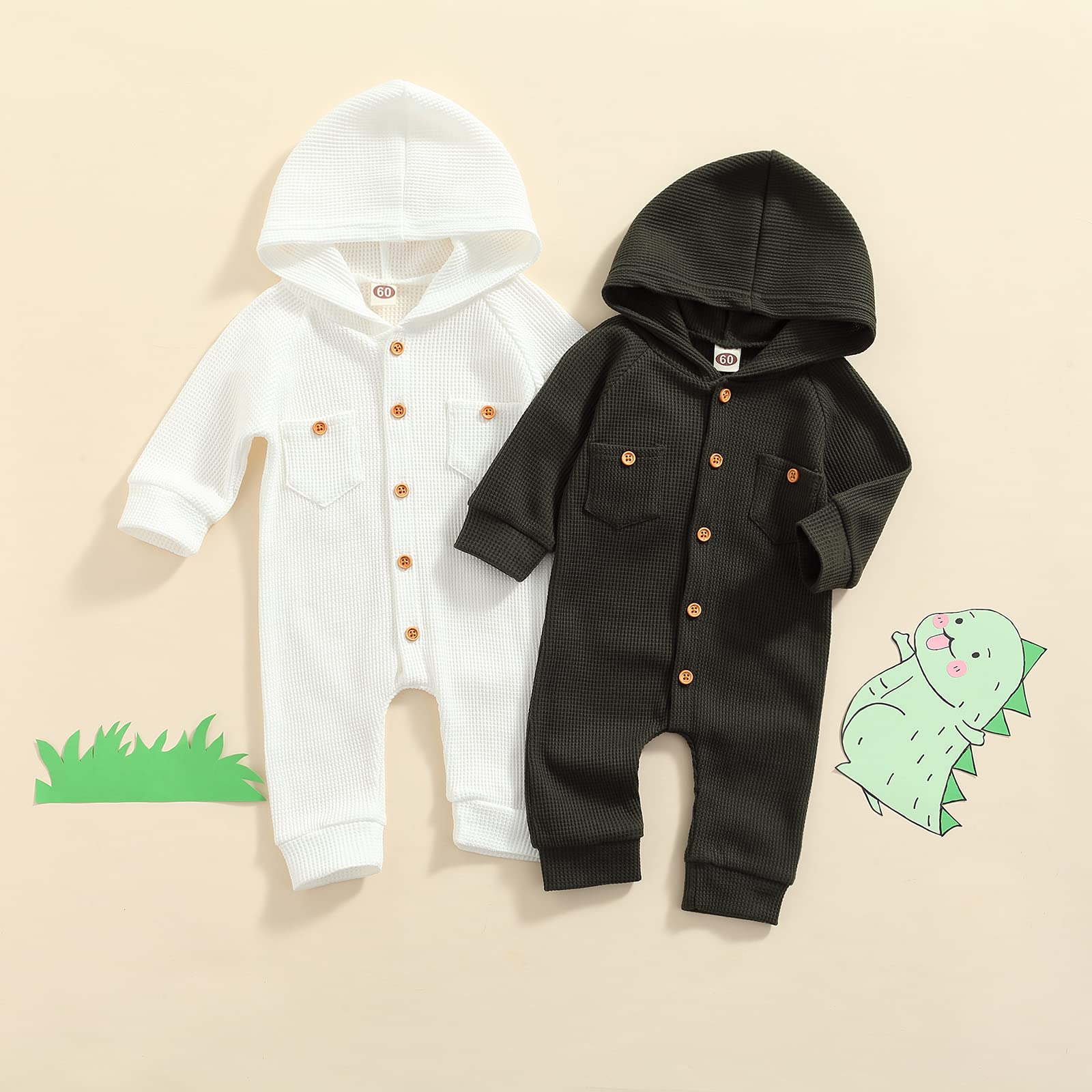 Ynibbim Winter Newborn Baby Romper - Unisex Hooded Waffle Cotton Jumpsuit with Buttons for Boys & Girls | Warm Infant Outfit for Winter Walks, Family Photos & Holiday Gatherings