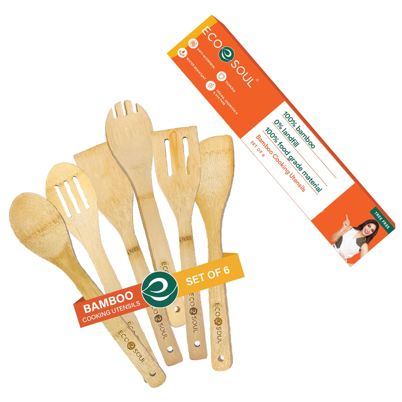 ECO SOUL [Set of 6] Bamboo Cooking Utensils - Non-Stick Wooden Spoons, Ladles & Turners for Kitchen | USDA Certified 30cm Bamboo Wooden Kitchen Tools | Perfect for Cooking, Serving, Mixing & Healthy Meal Prep