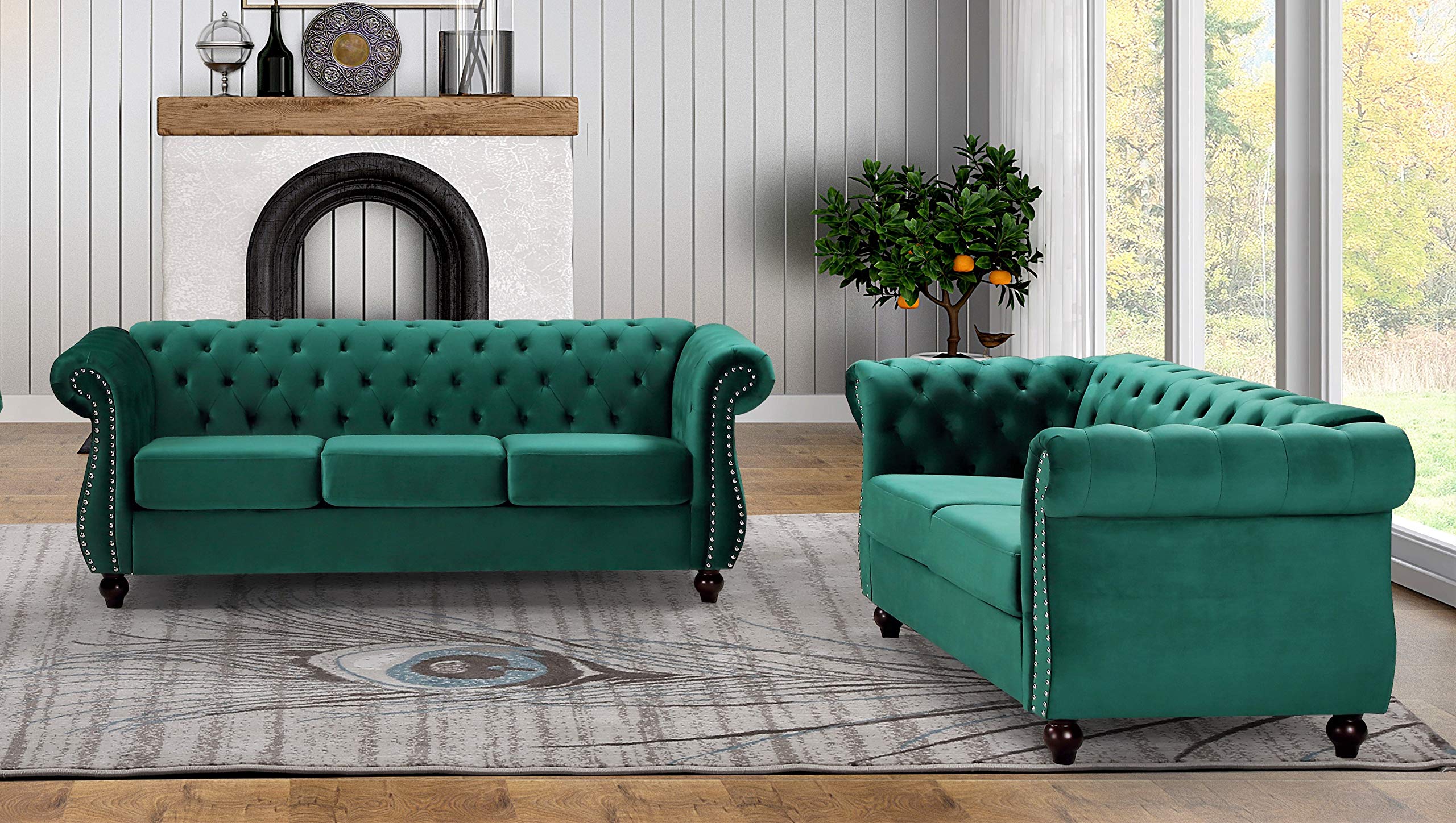 Modern Velvet Chesterfield Loveseat with Nailhead Trim & Diamond Tufting - Durable Metal Frame Sofa for Living Room - Green Velvet Couch - Perfect for Small Spaces, Apartments & Cozy Home Decor
