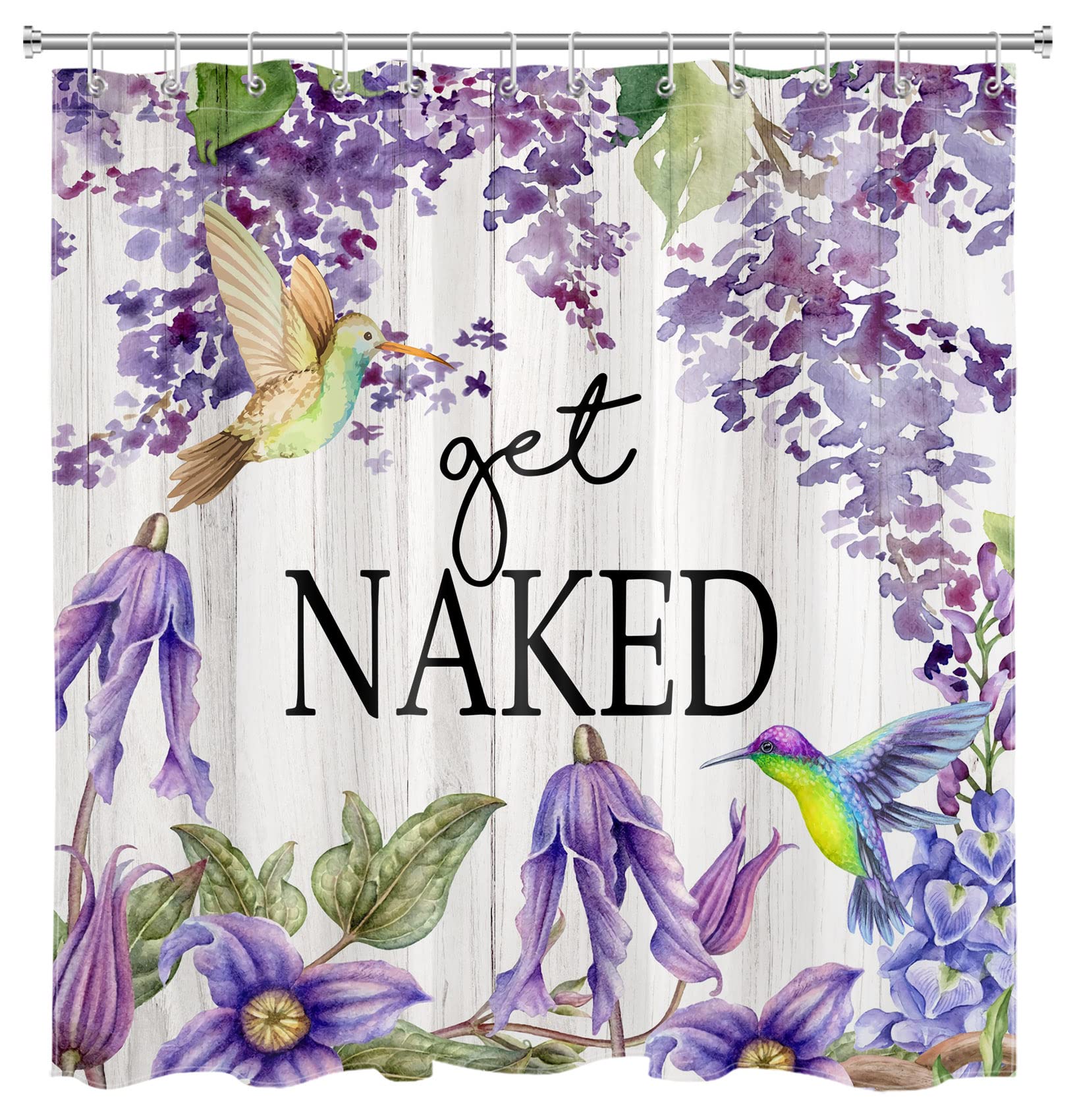 HVEST Get Naked Shower Curtain - Purple Watercolor Floral Bird Design, Farmhouse Bathroom Decor, Waterproof Polyester Fabric with Hooks, 72x78 Inches - Perfect for Vintage & Boho Style Bathrooms