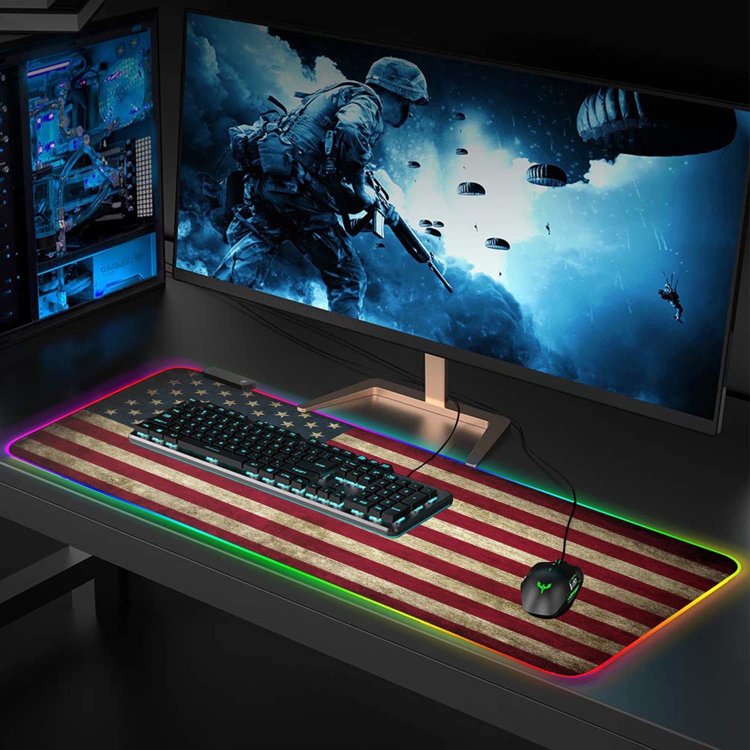 Meffort Inc RGB Gaming Mouse Pad - Large LED Gaming Mouse Mat with Custom Design, Stitched Edges (23.6 x 13.7 Inch) | USA Flag Pattern | Perfect for PC Gaming Setup, Office Work & Streaming Station Accessories