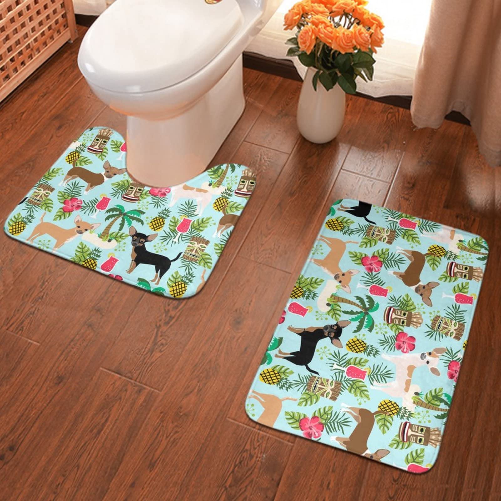 SWEET TANG Memory Foam Bath Mat - Ultra Soft Flannel Non-Slip Bathroom Rug, Water Absorbent Floor Mat with U-Shaped Toilet Rug - Perfect for Bathroom Decor, Dog Lover Gifts & Party Themes (Chihuahua Pineapple Design)