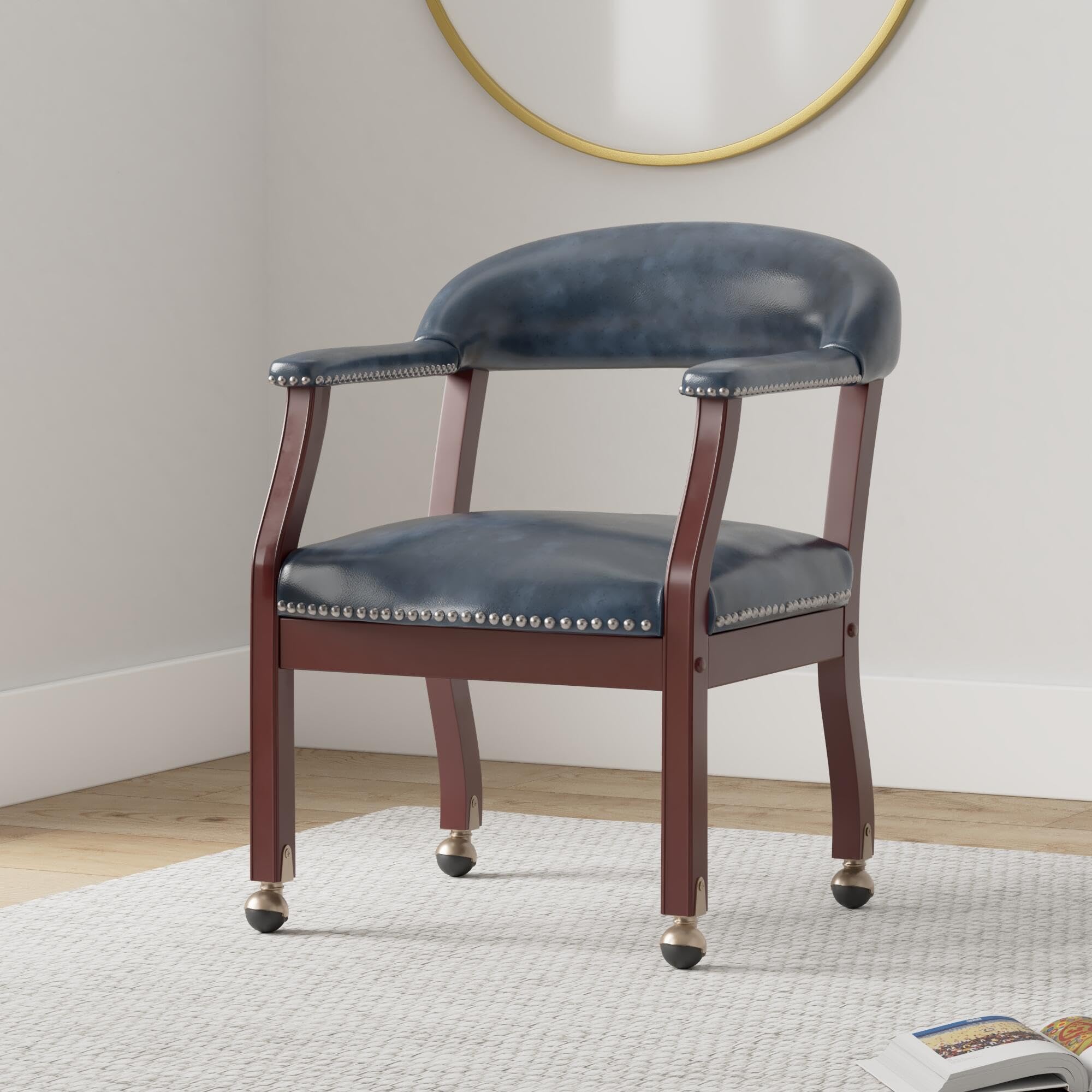 Home Square 2-Piece Blue & Mahogany Casters Captain Chair Set - Perfect for Dining Rooms, Offices, and Conference Areas