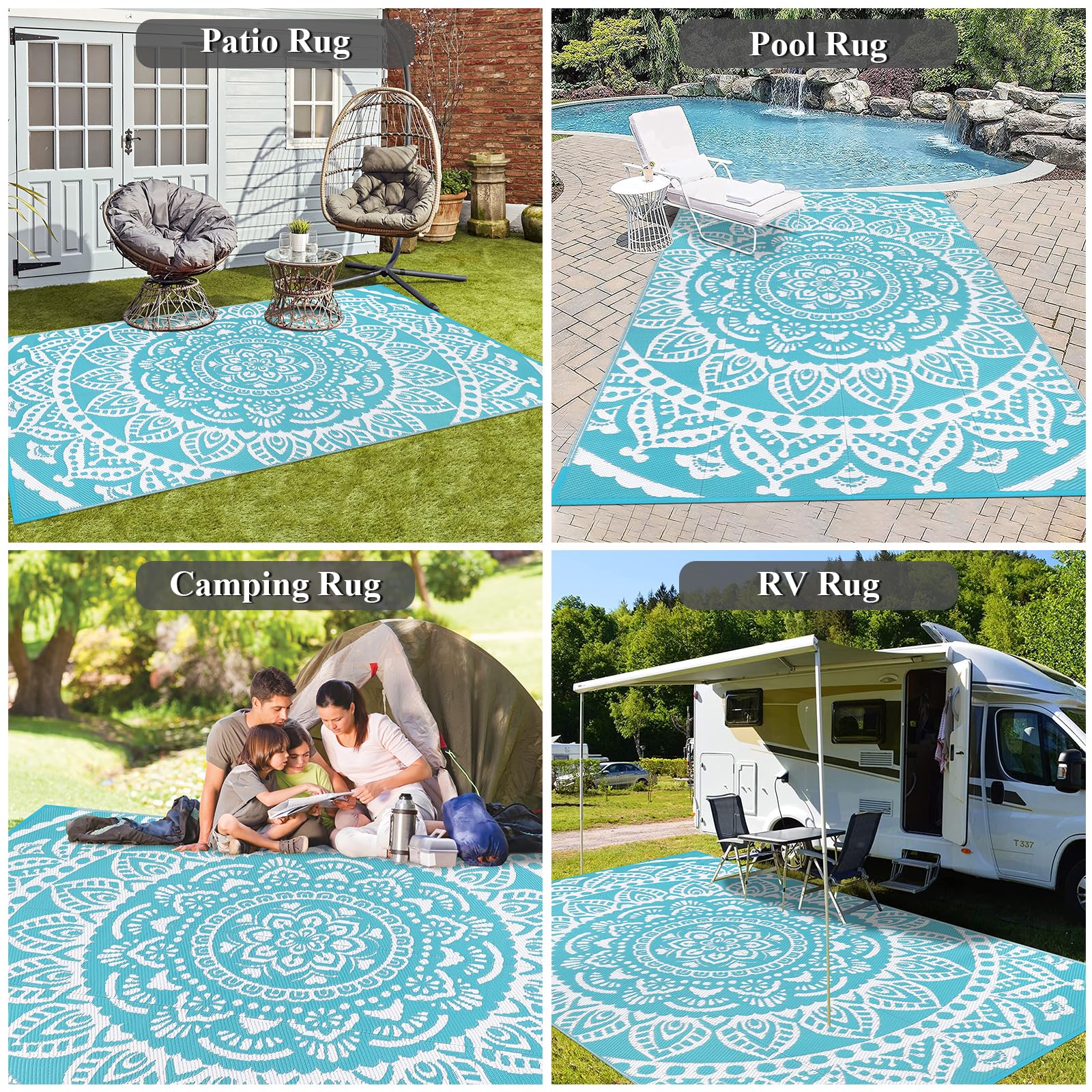 Bsmathom 6x9 Outdoor Plastic Straw Rug - Large Waterproof Reversible Mat for Patio, Camping, RV, Picnic, Beach, Backyard & Pool Deck - Durable & Portable Teal Rug for Outdoor Decor & Summer Gatherings