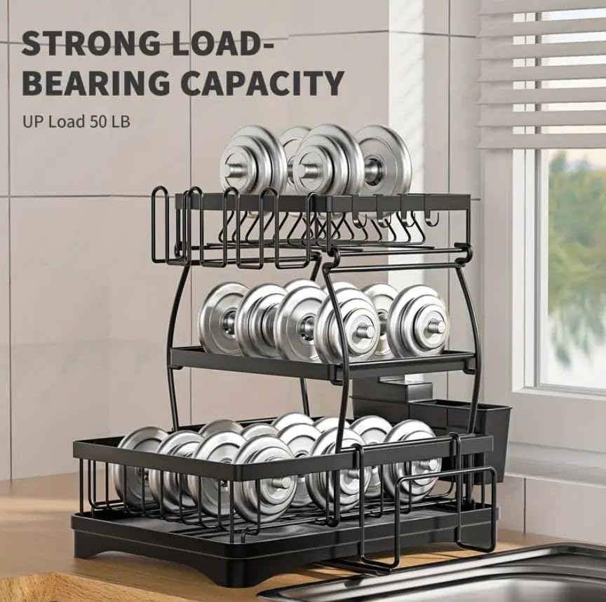 NYTRYD 2-Tier Carbon Steel Dish Drying Rack with Drainboard - Large Space Saving Kitchen Organizer for Plates, Cups & Utensils - Perfect for Small Kitchens, Apartments & RV Use