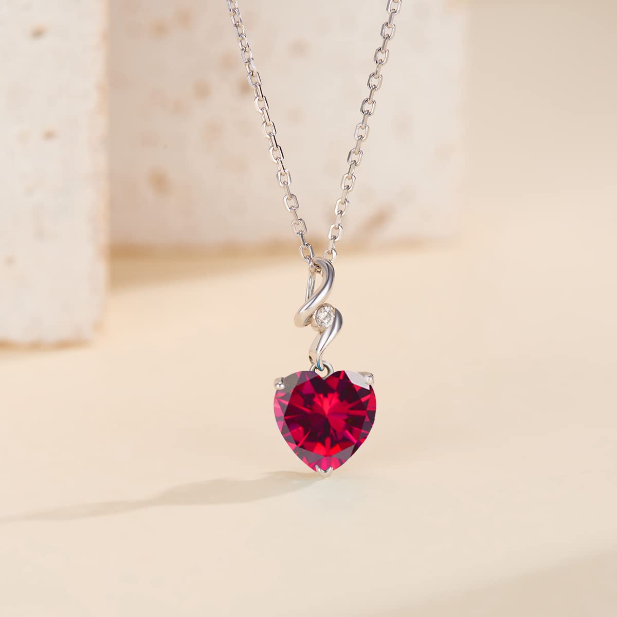 14K Solid White Gold Heart Pendant Necklace with 0.015ct Diamond & Created Ruby - July Birthstone Jewelry for Women, Dainty Solitaire Pendant on Sterling Silver Chain - Perfect Gift for Mom, Wife, Daughter | Anniversary, Birthday, Valentine's Day Present