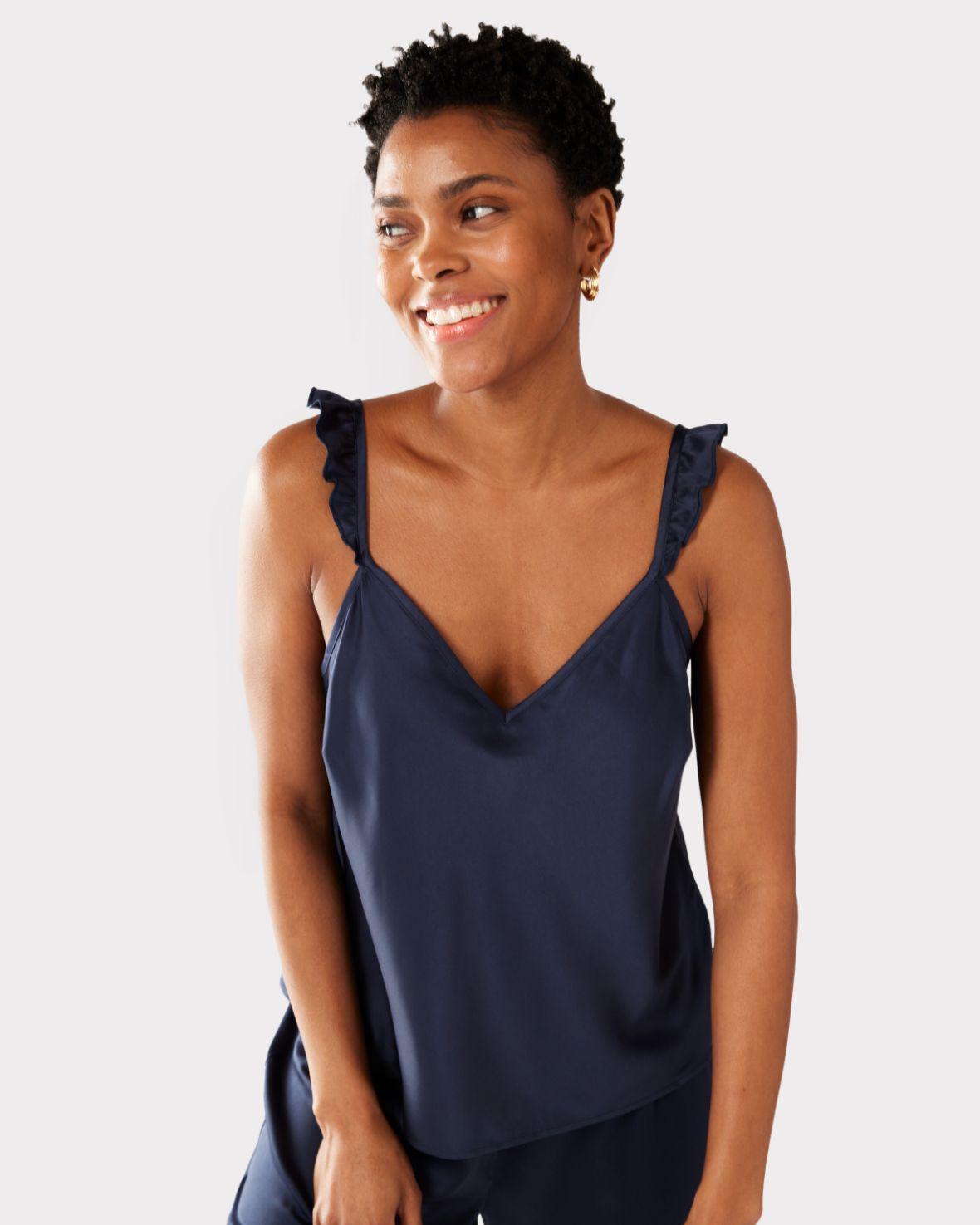 Satin Frill Trim Cami Short Pajama Set for Women - Navy Blue Loungewear for Sleep & Relaxation | Soft & Comfortable Nightwear Set