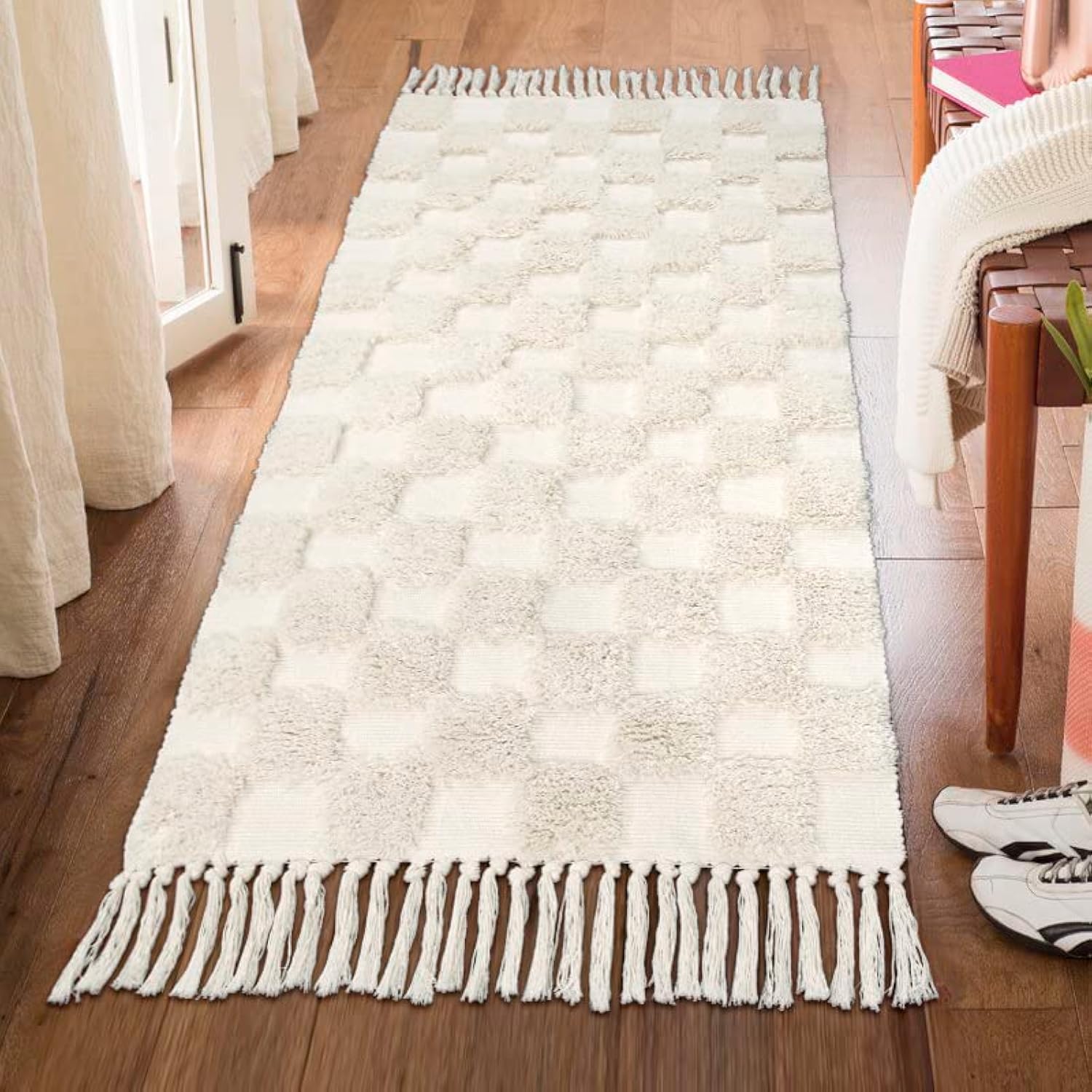 Lanffia Boho Checkered Tufted Rug - 2x5 Runner Rug Beige Washable with Tassels | Farmhouse Floor Carpet for Kitchen, Bathroom, Laundry, Bedroom & Living Room | Perfect for Hallways, Doorways & Cozy Home Decor