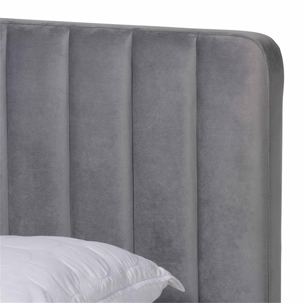 BOWERY HILL Grey Fabric Upholstered Queen Size Platform Bed with Gold Finish - Modern Bedroom Furniture for Small Spaces & Guest Rooms