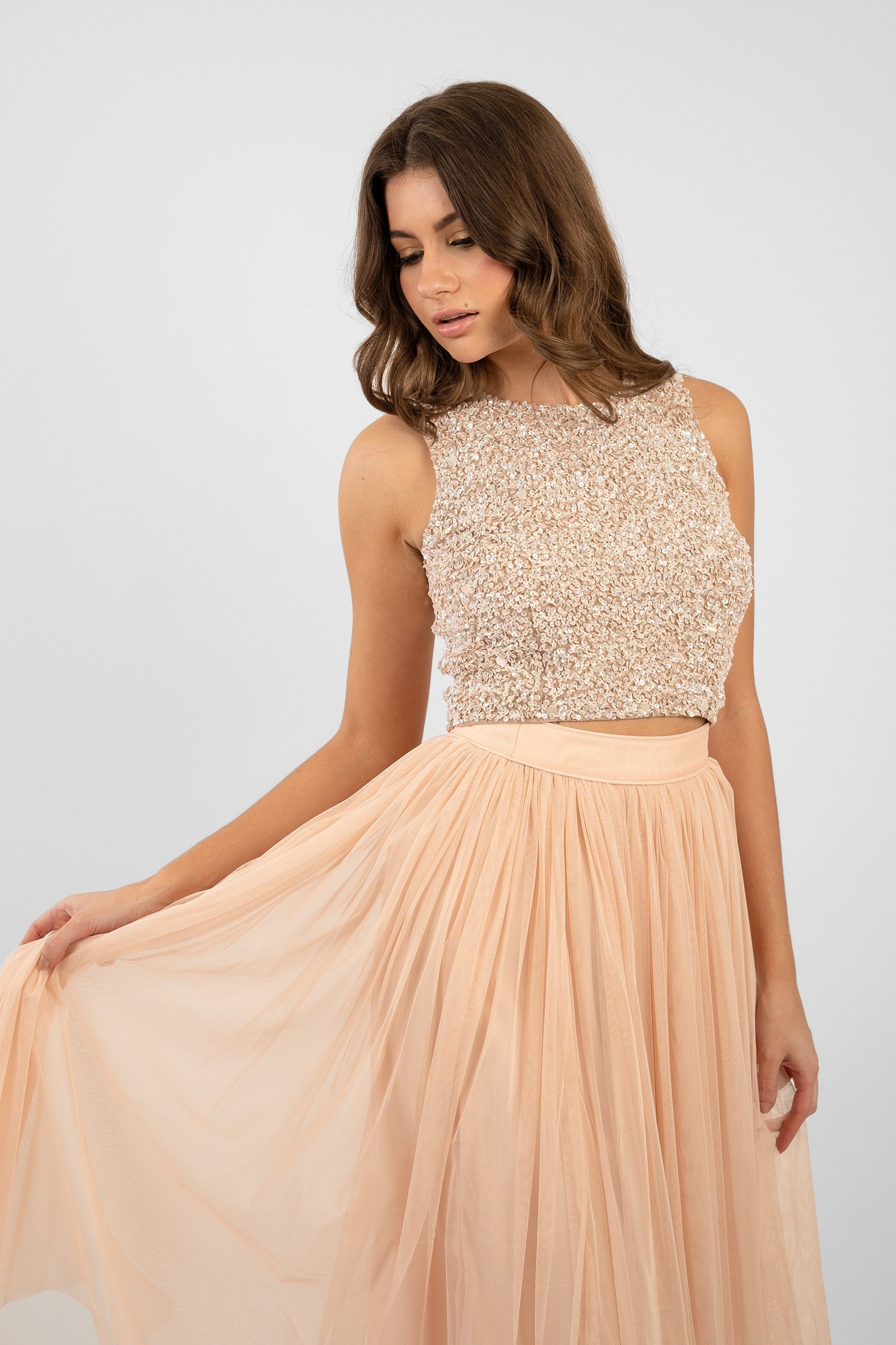 Cleo Nude Tulle Midi Skirt for Women - Elegant Flowy Party Dress for Weddings, Dances & Special Occasions