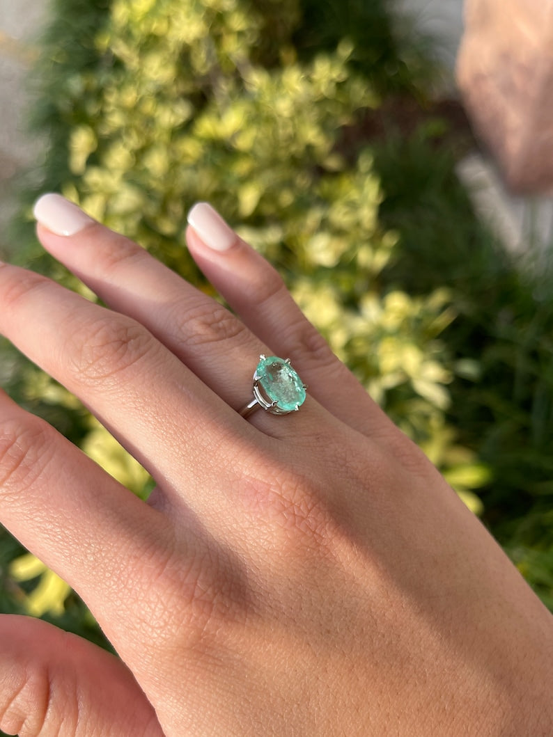 3.55ct Oval Cut Emerald Solitaire Ring in 14K White Gold with 6 Prong Setting - Perfect for Engagement, Wedding & Anniversary Gifts