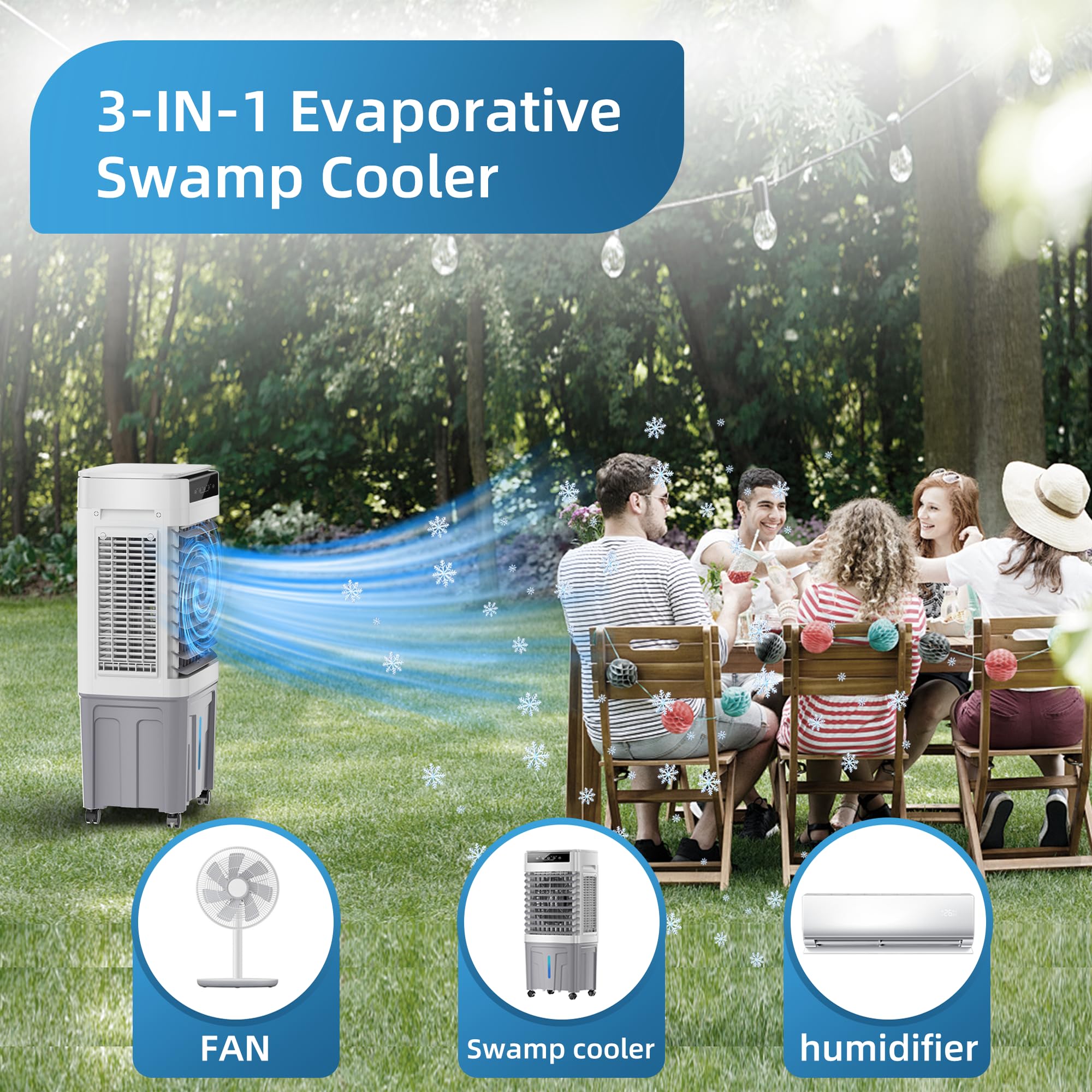 3-IN-1 Evaporative Air Cooler with 3531 CFM & 11.9 Gallon Water Tank - Portable Swamp Cooler with Remote/Touch Control, 90°+120° Oscillation for Indoor & Outdoor Use - Perfect for Bedroom, Office, Patio, and Garage Cooling