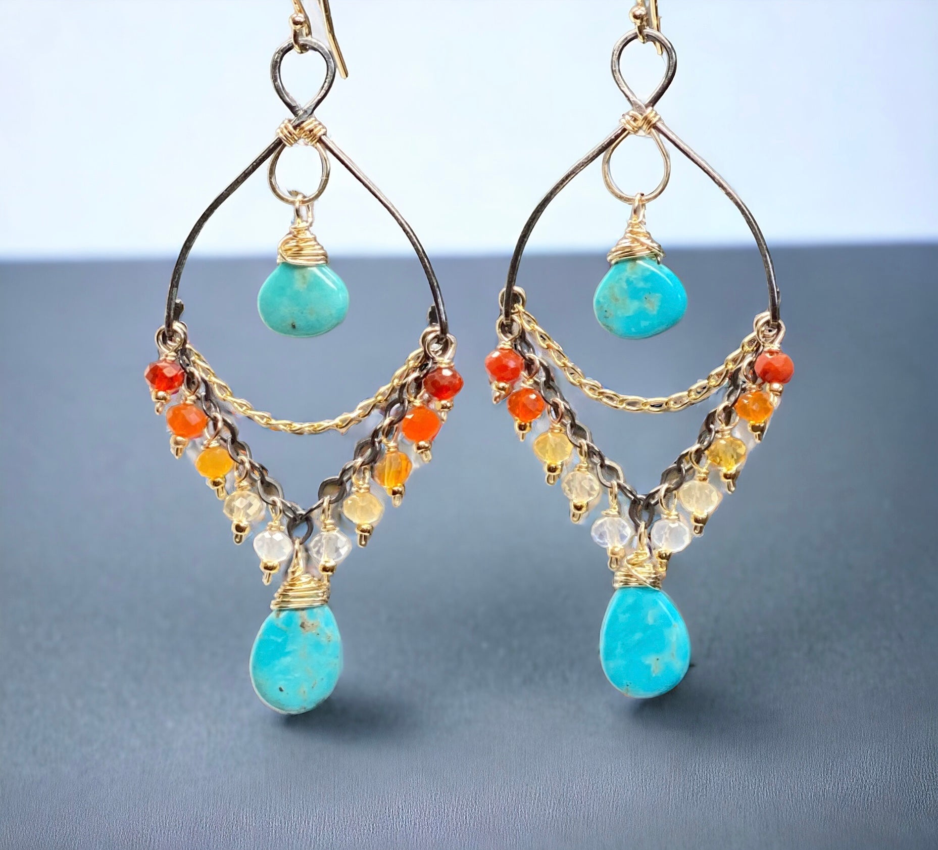 Turquoise Gemstone & Mexican Fire Opal Mixed Metal Chandelier Earrings for Women | Boho Chic Jewelry for Parties, Weddings & Special Occasions